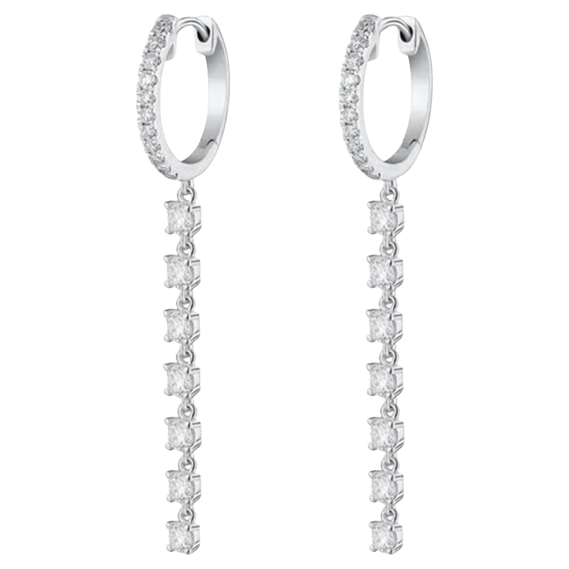 Diamond 14K (or 18k upon request) White Gold Huggie Chain Drop Earrings For Sale