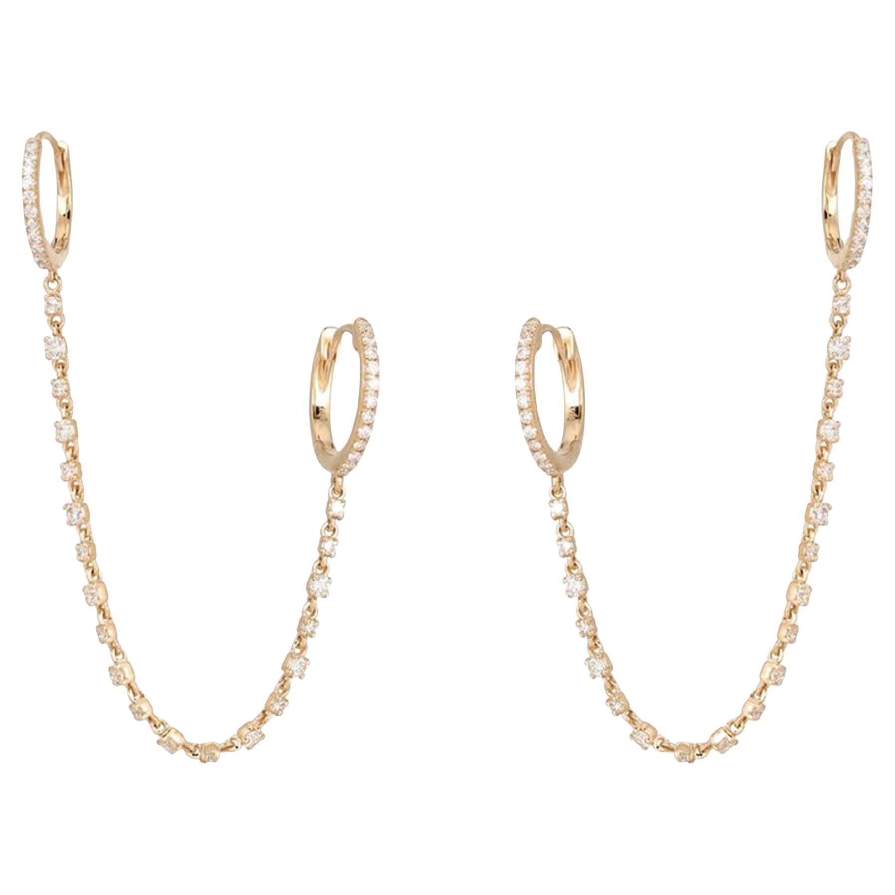 Pendientes de aro con doble cadena de eslabones de oro amarillo de 14 quilates (o 18 quilates bajo pedido) con diamantes