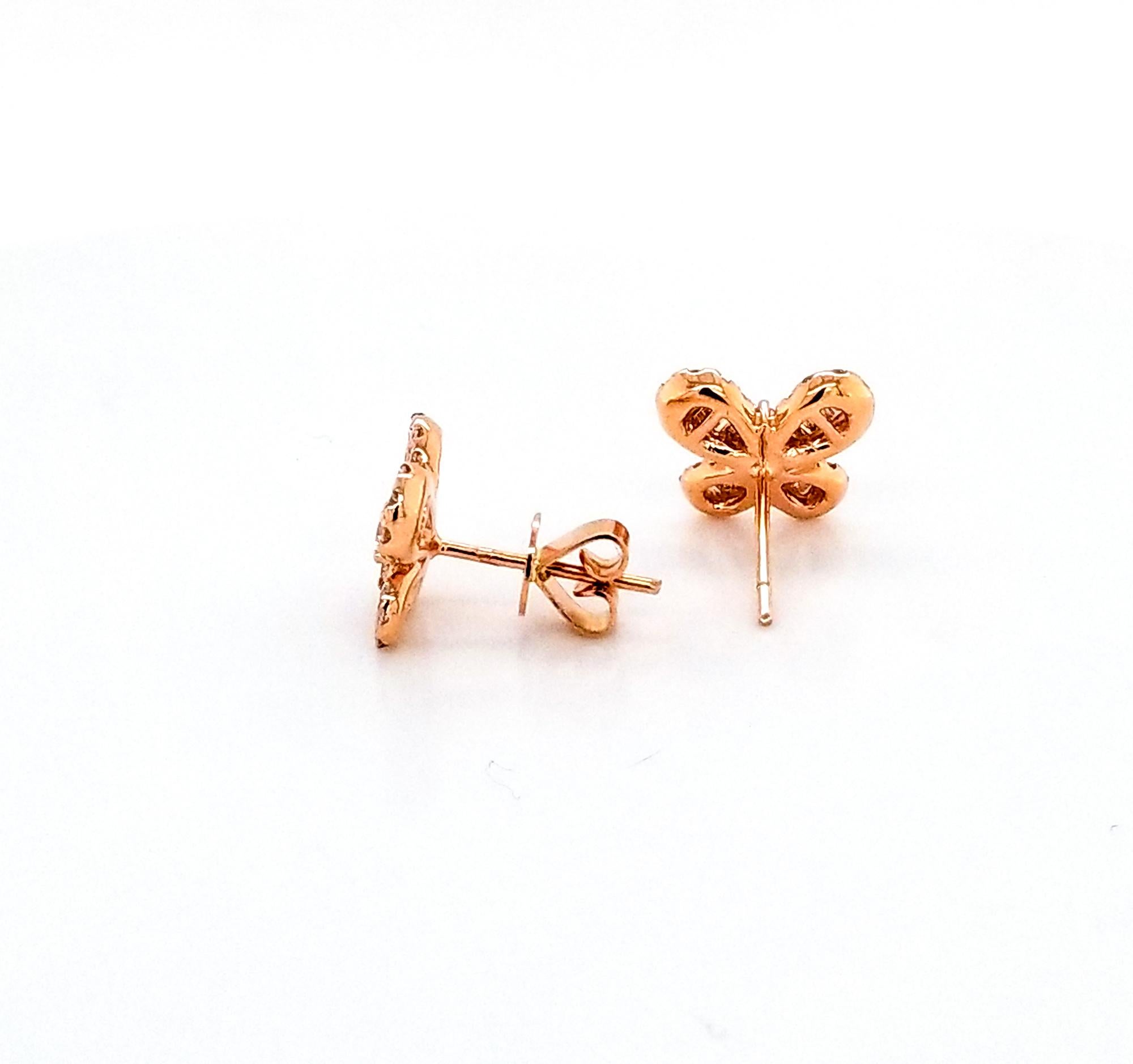 Charming stud earrings designed as butterflies, embellished with the invisibly-set diamonds and made in 14k rose gold.
24 baguette diamonds weighing 0.17 carats.
78 round diamonds weighing 0.57 carats.
Total weight of the diamonds is 0.74