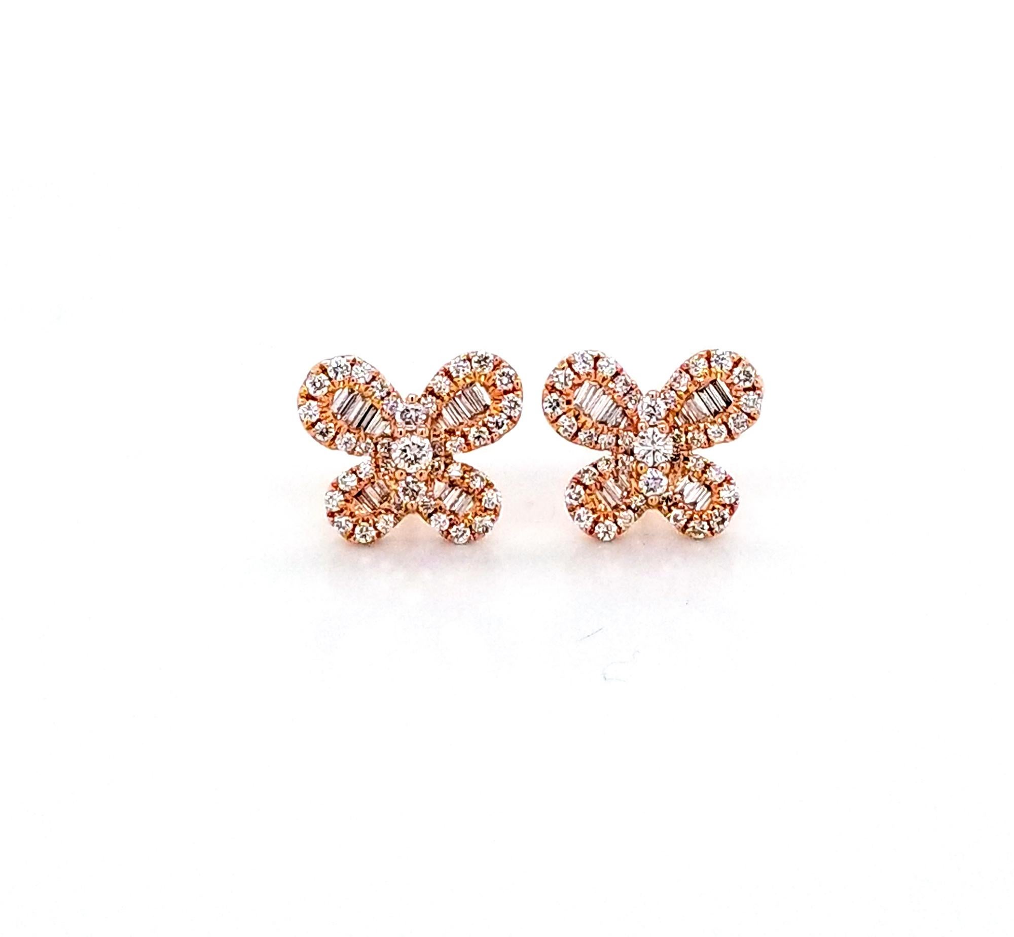 Mixed Cut Diamond 14 Karat Rose Gold Butterfly Stud Earrings
