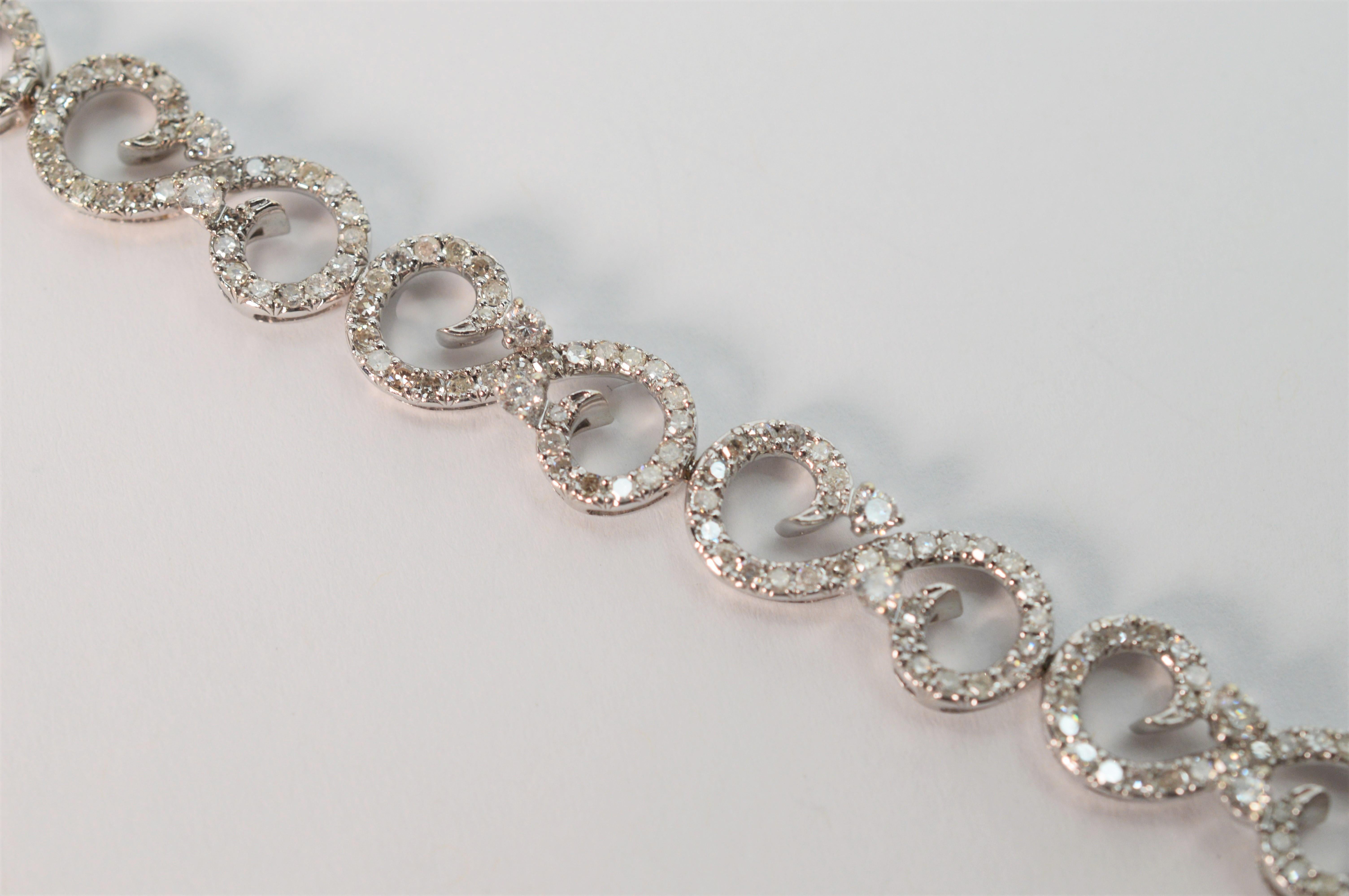 Diamond 14K White Gold Fancy Swirl Link Bracelet For Sale 1