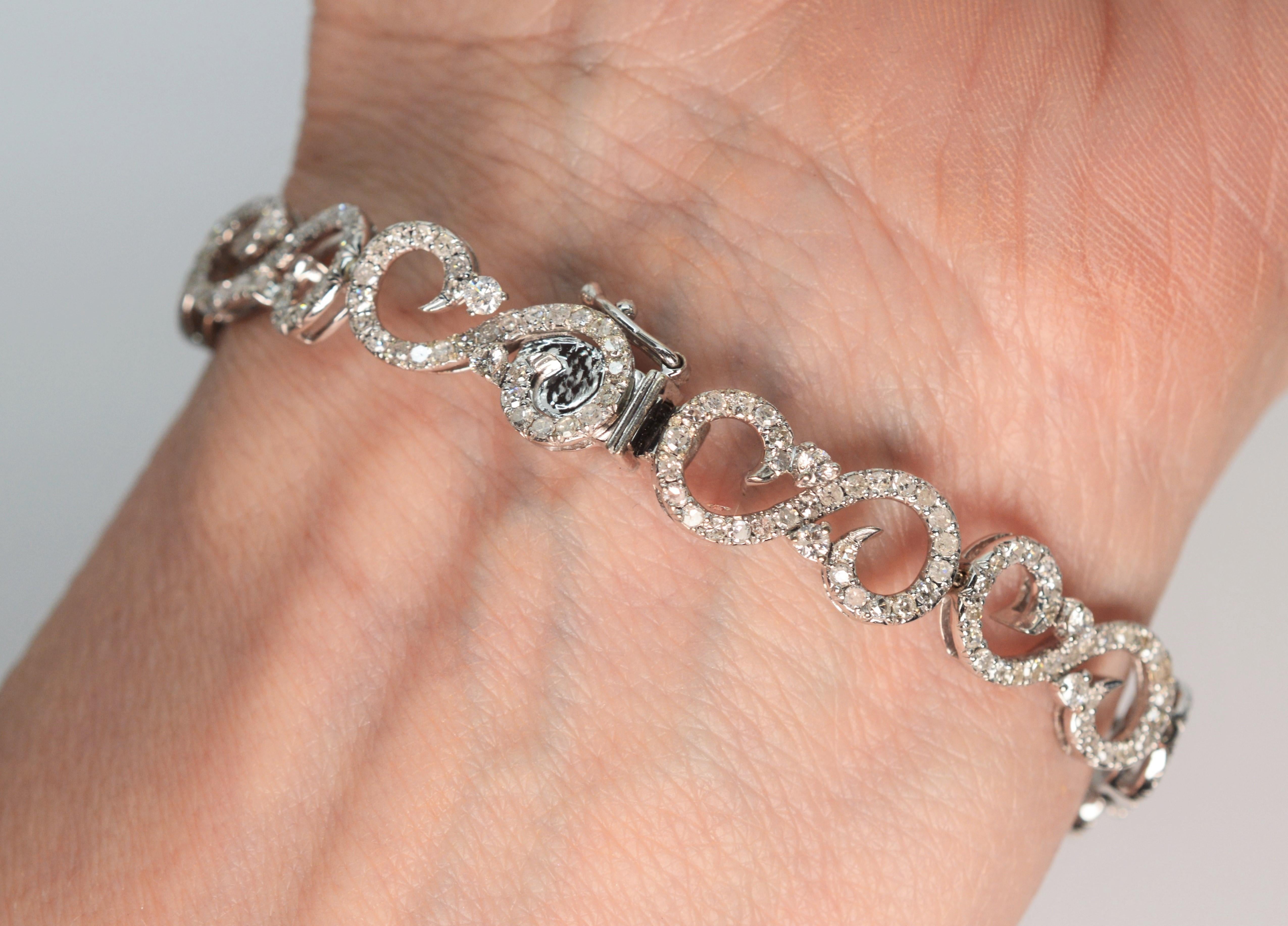 Diamond 14K White Gold Fancy Swirl Link Bracelet For Sale 2