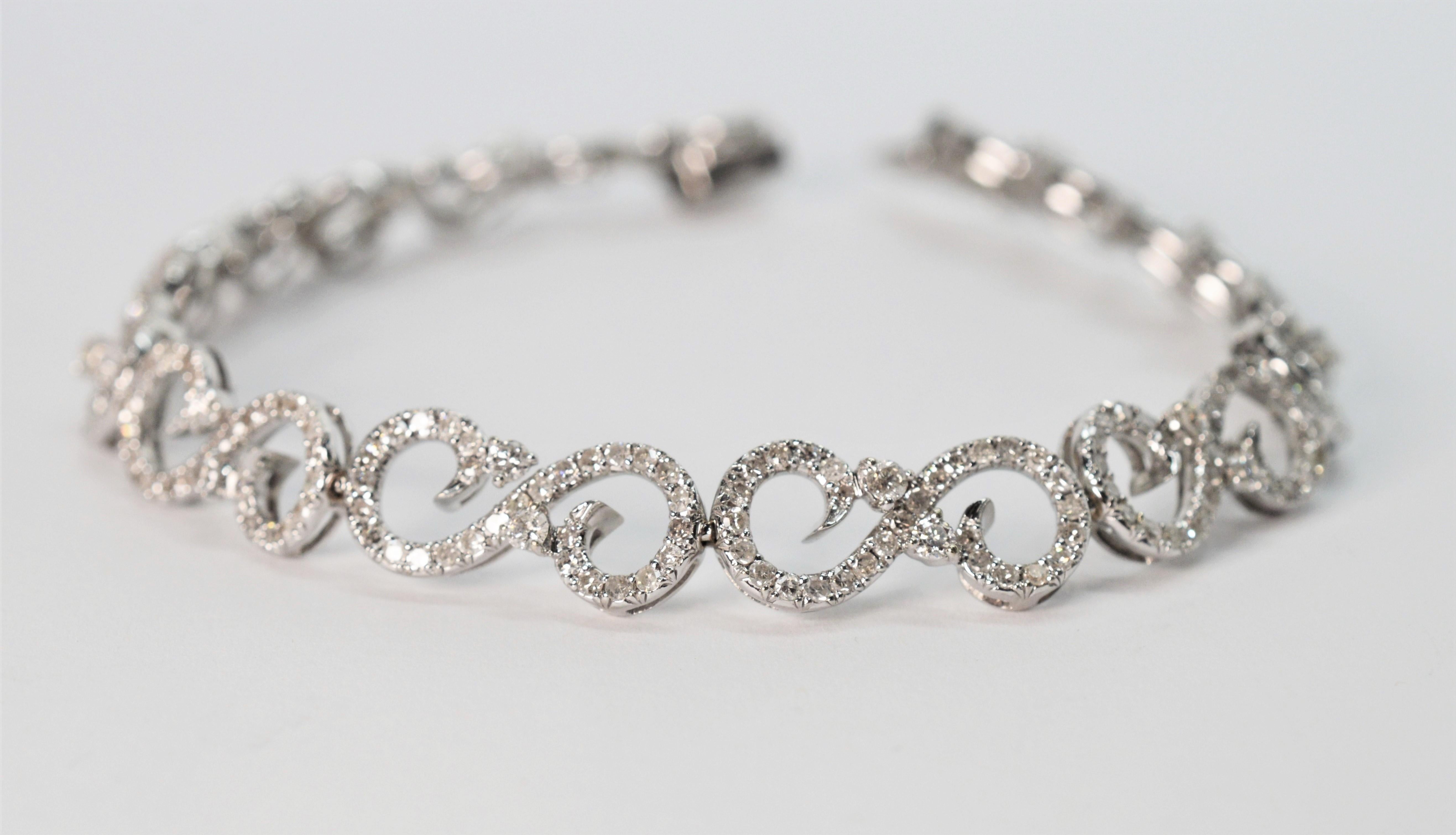 Diamond 14K White Gold Fancy Swirl Link Bracelet For Sale 3