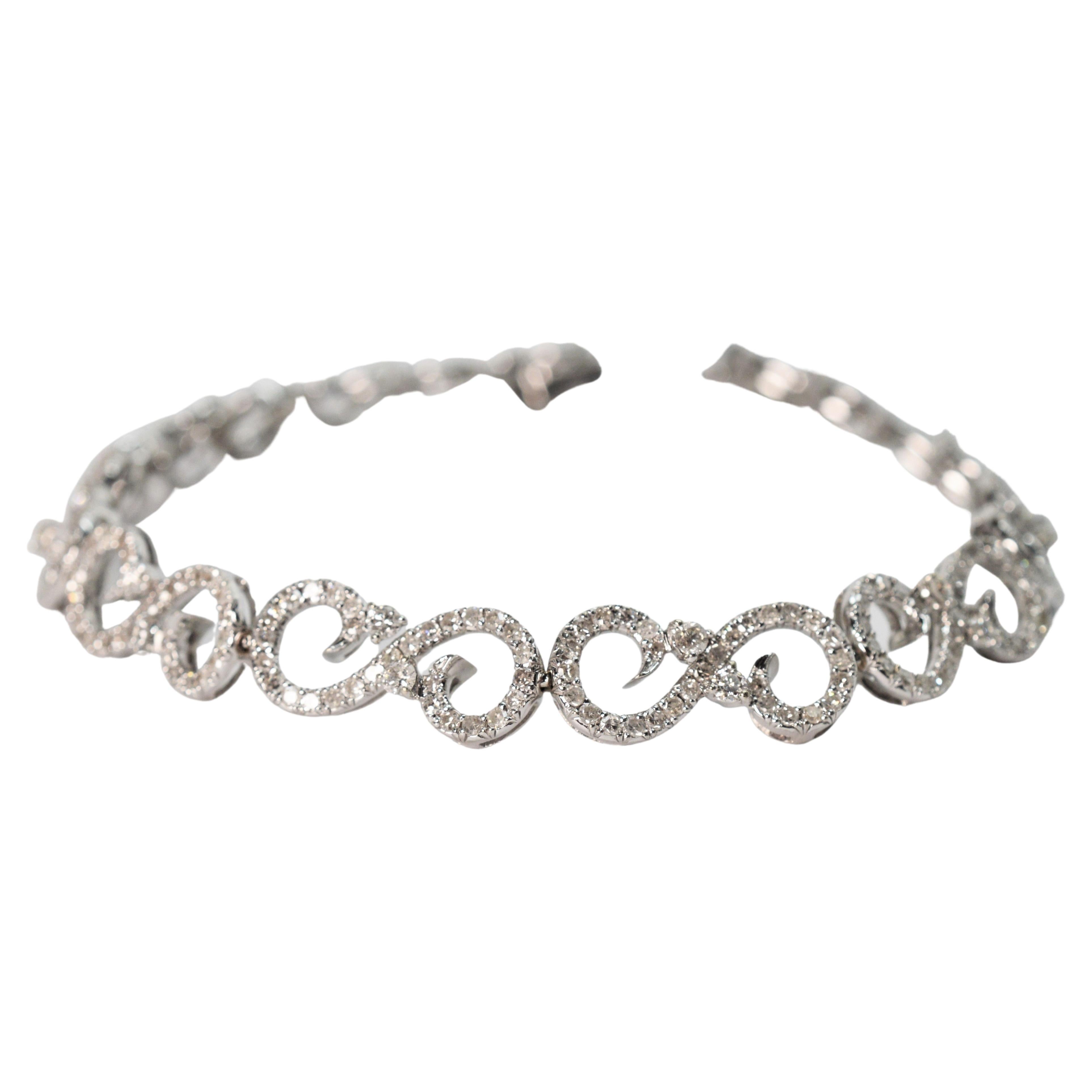 Diamond 14K White Gold Fancy Swirl Link Bracelet For Sale