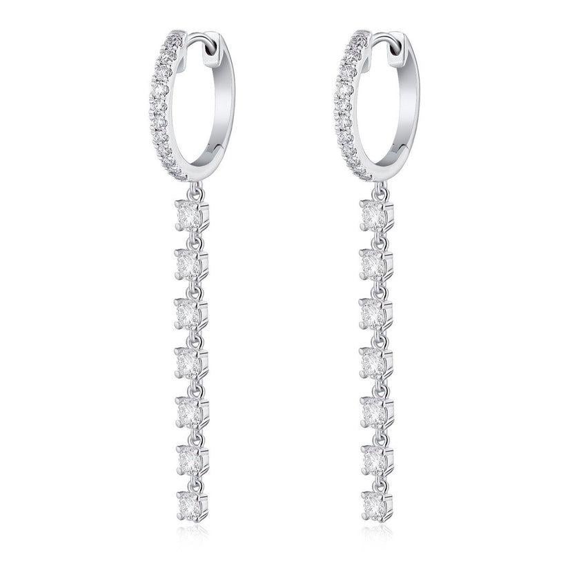 Modern Diamond 14K White Gold Huggie Chain Drop Earrings For Sale