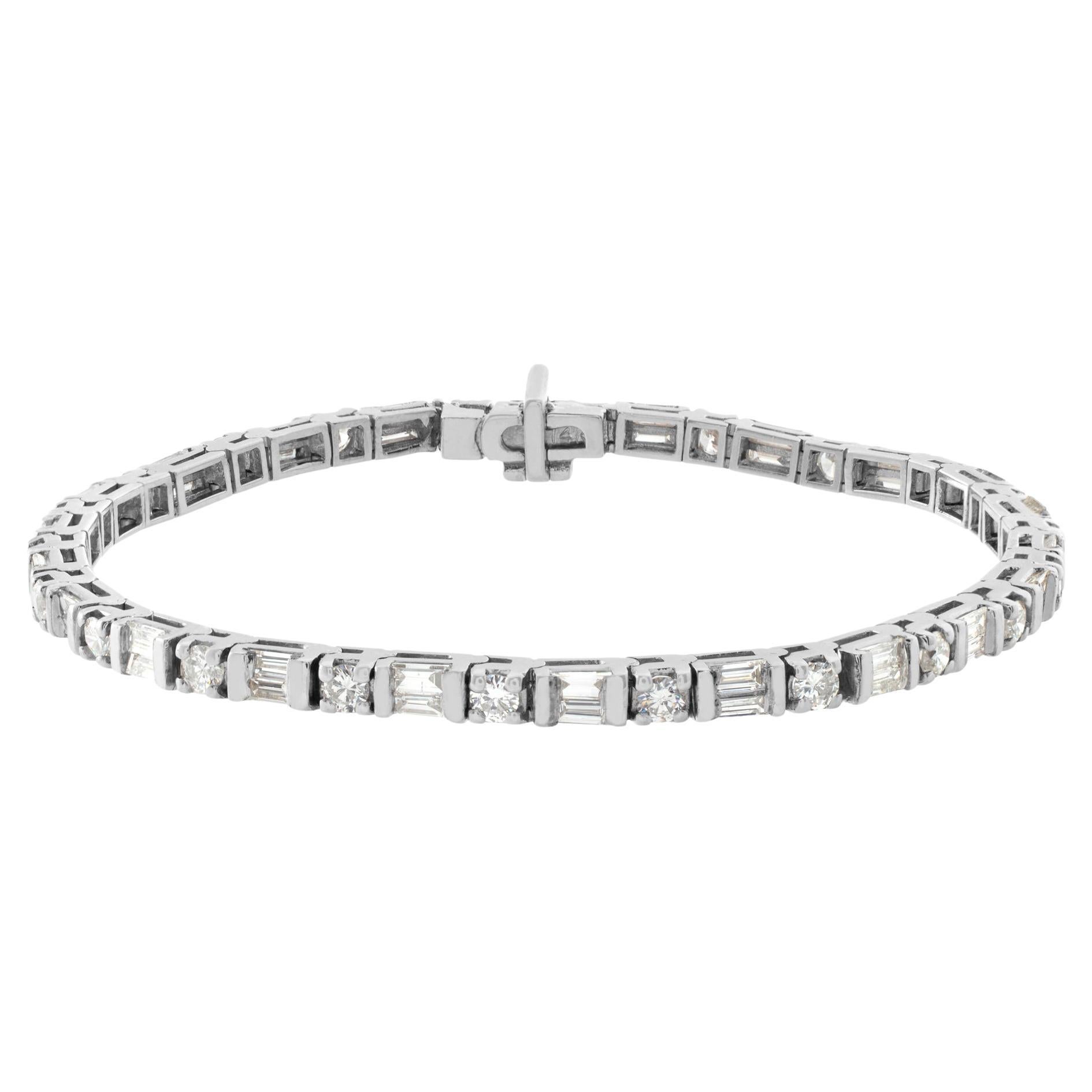 Diamond 14k White Gold Line Bracelet with 2 Carat Round & Baguette Cut Diamonds For Sale