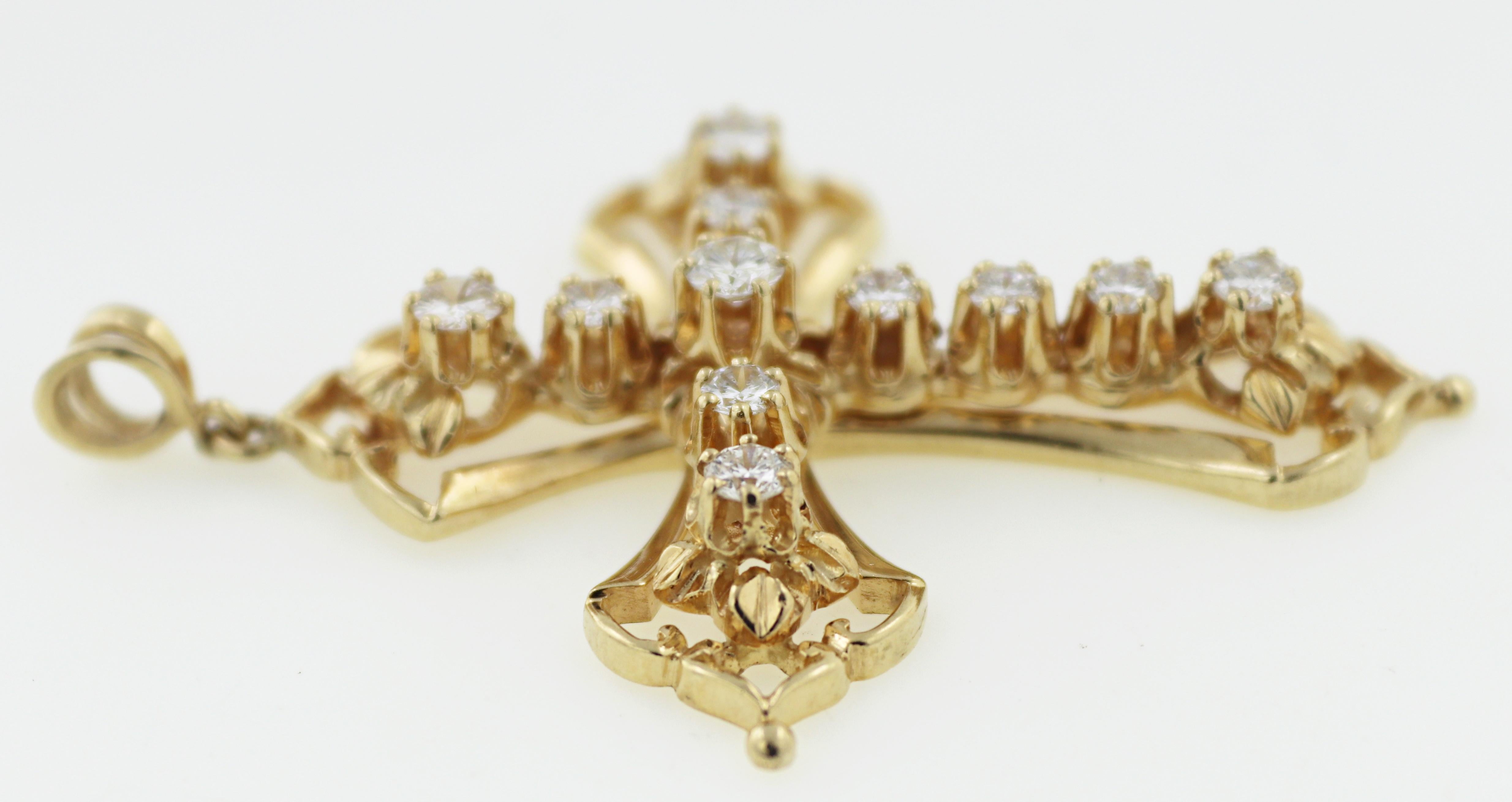 Diamond, 14K Yellow Gold Cross Pendant Corte mixto en venta