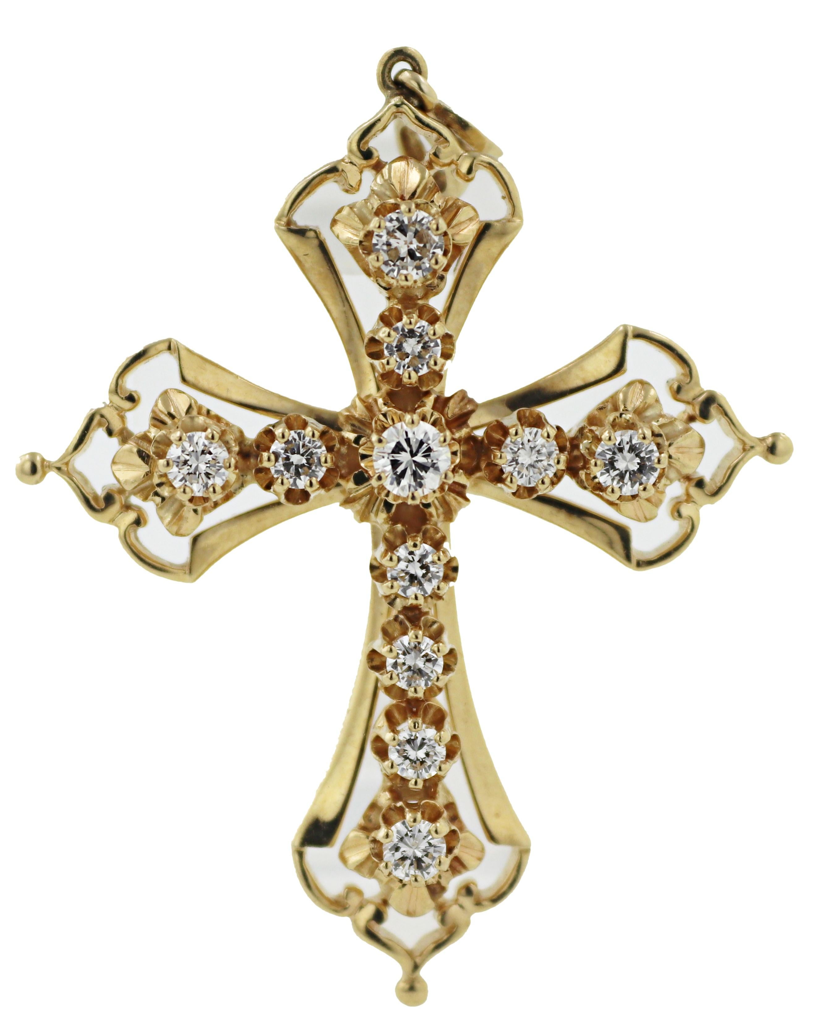 Diamond, 14K Yellow Gold Cross Pendant en venta 3