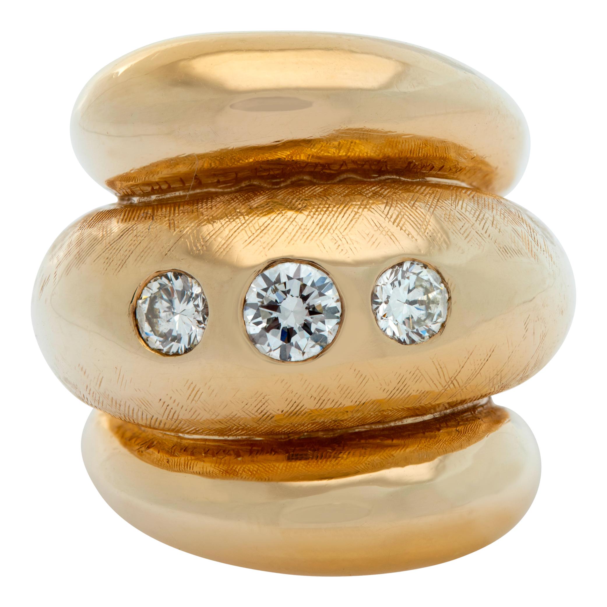 Swirl ring in 14k yellow gold with approximately 0.70 carat in round cut diamonds. Size 5, width at top 23.5mm, shank 7.5mm.

This Diamond ring is currently size 5 and some items can be sized up or down, please ask! It weighs 11.3 pennyweights and