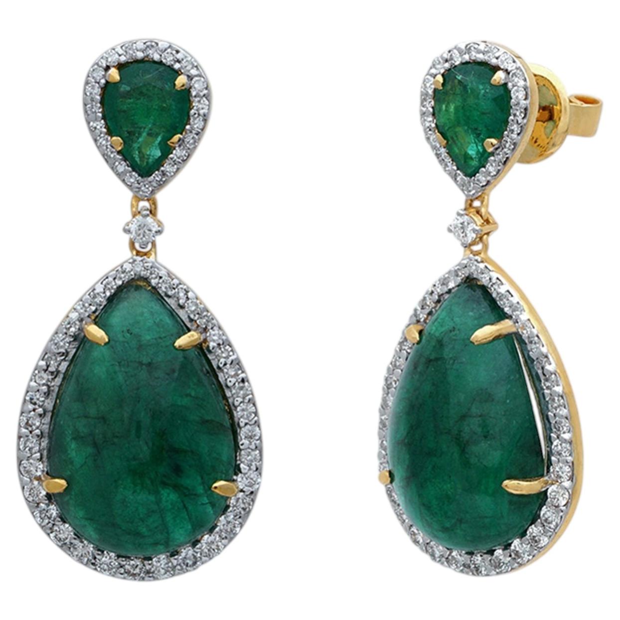 Orecchini pendenti con diamanti, oro giallo 14k e smeraldi dello Zambia – Gioielli in stile Art Déco