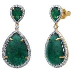 Orecchini pendenti con diamanti, oro giallo 14k e smeraldi dello Zambia – Gioielli in stile Art Déco