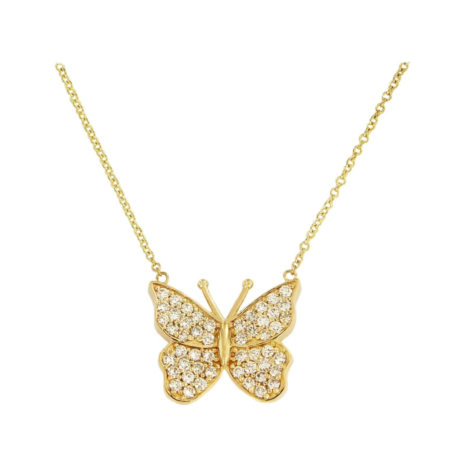 Diamond 1.5 Carat Butterfly Necklace in 14 Karat Yellow Gold For Sale