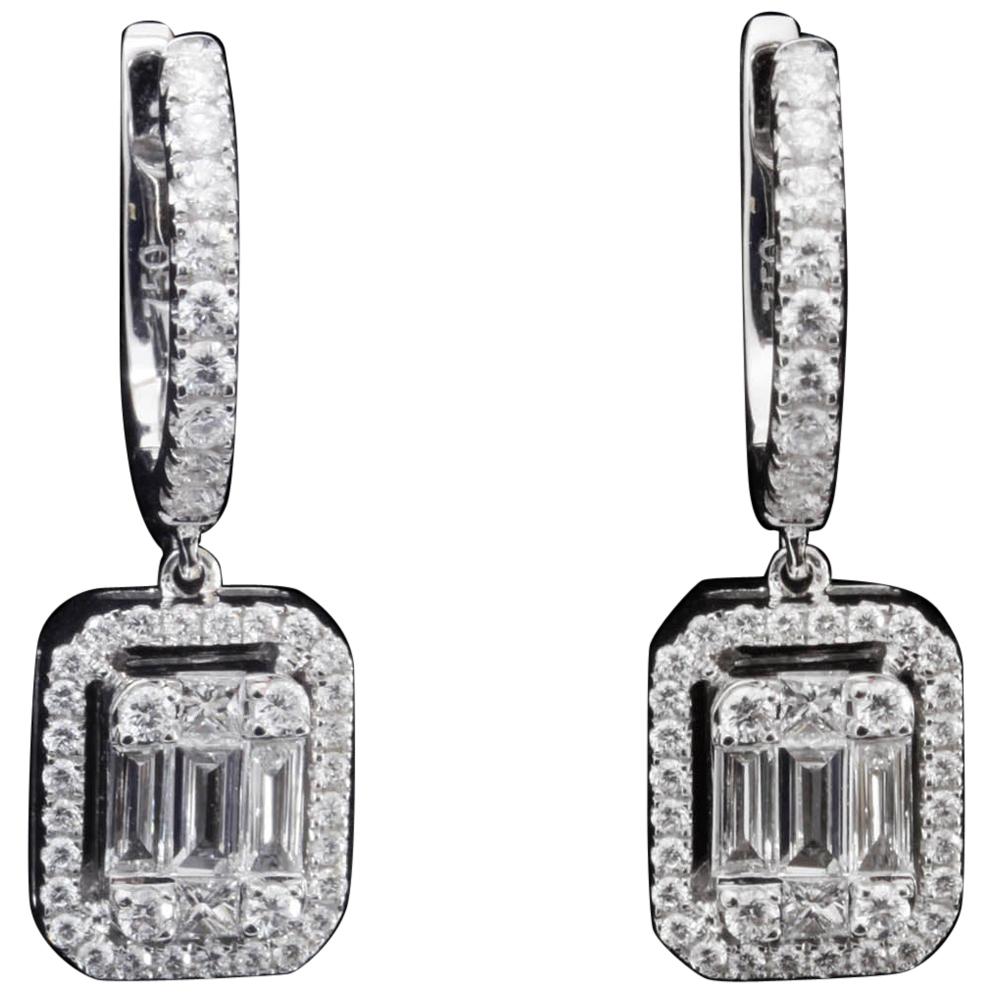 Diamond 1.5 Carat Emerald Illusion Earring in 18 Karat Gold For Sale