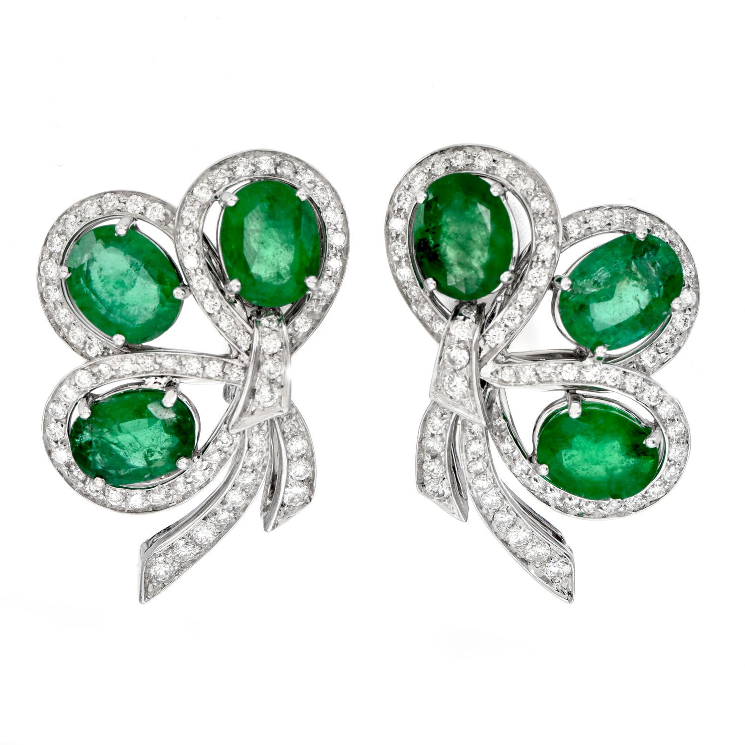 The Power of Nature & some luck, on these Emerald 18K Gold Clover Inspired Earrings.  Crafted in 18K white gold.  There are 140 glittering genuine diamonds, round cut,  prong set of approximately 2.70  carats, G-H color, and VS clarity. 

The touch