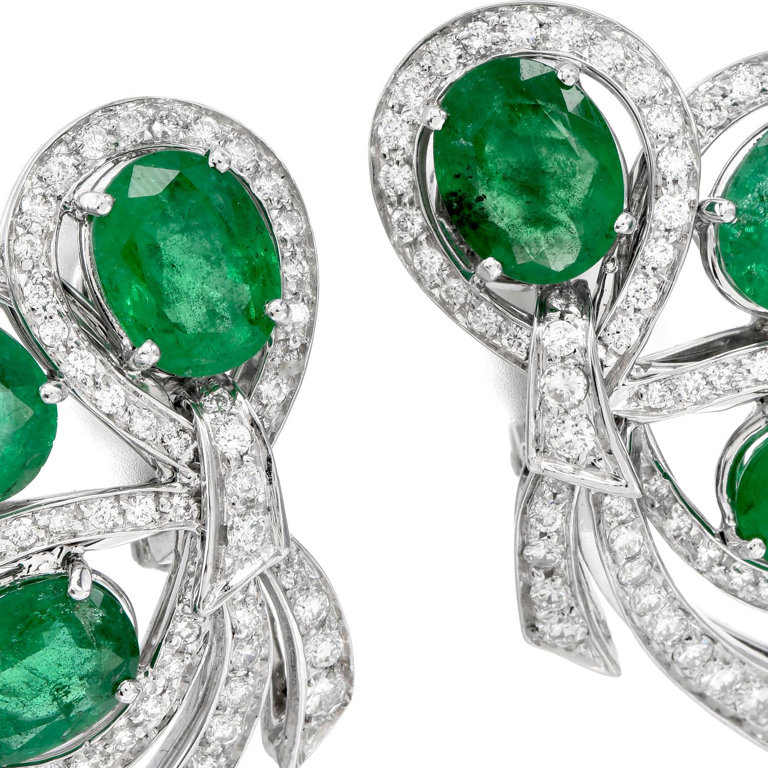 Modern Diamond 15.45cts Emerald 18K Gold Clover Floral Clip on Earrings
