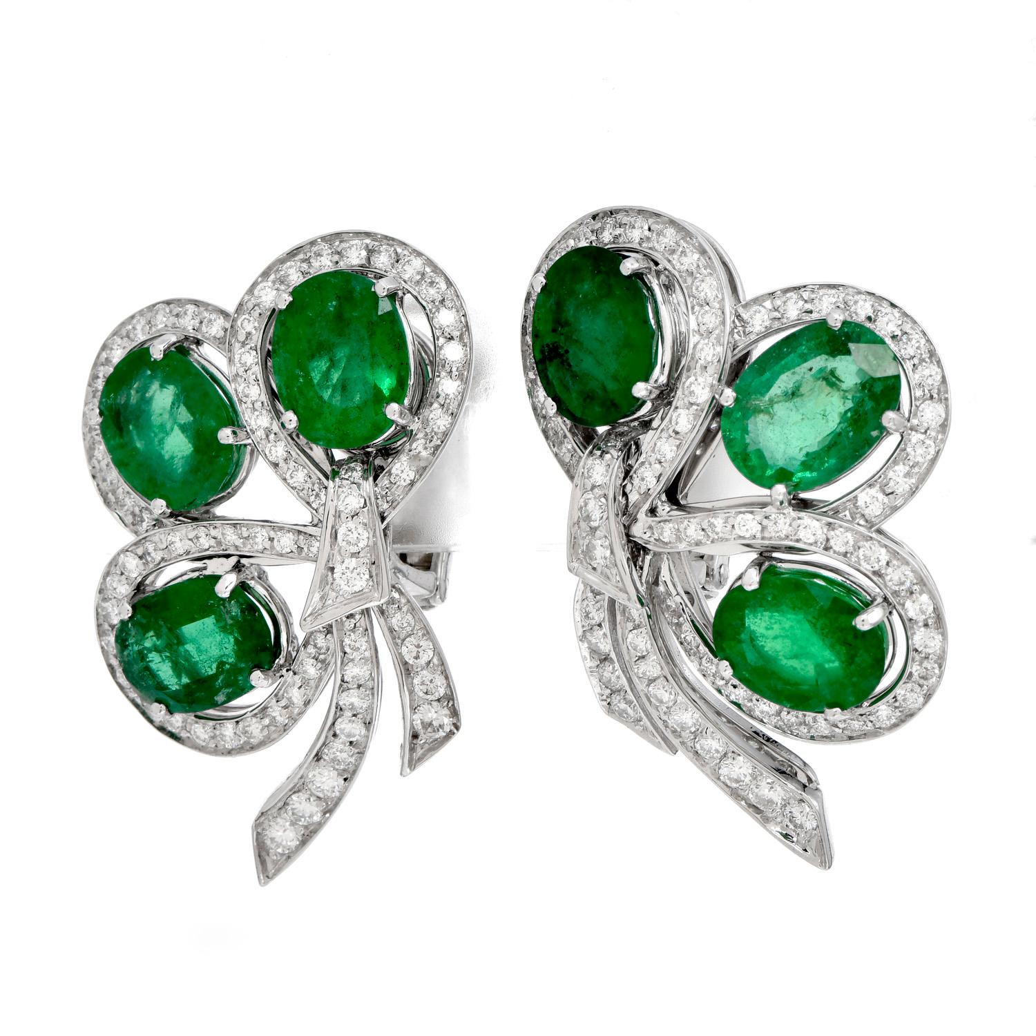 Emerald Cut Diamond 15.45cts Emerald 18K Gold Clover Floral Clip on Earrings