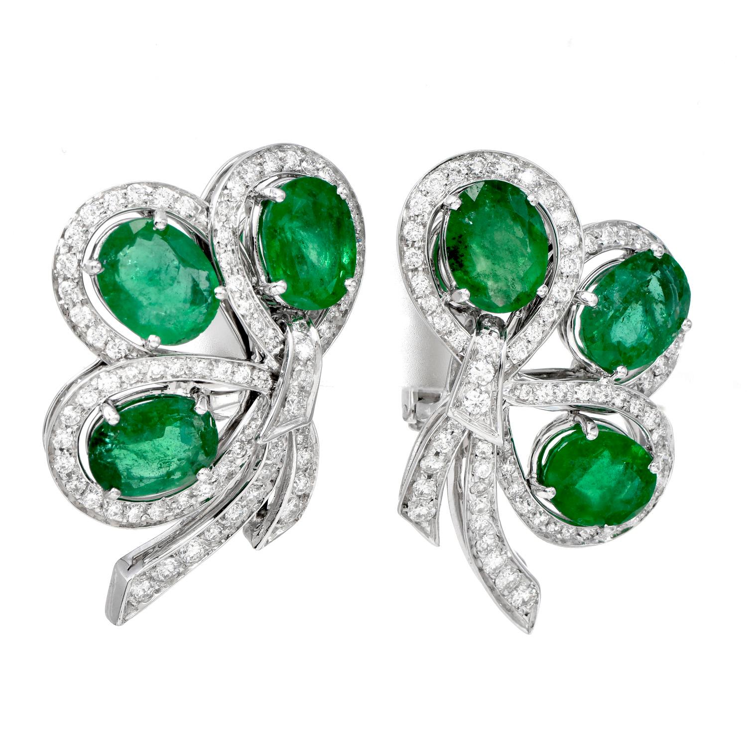 Diamond 15.45cts Emerald 18K Gold Clover Floral Clip on Earrings In Excellent Condition In Miami, FL