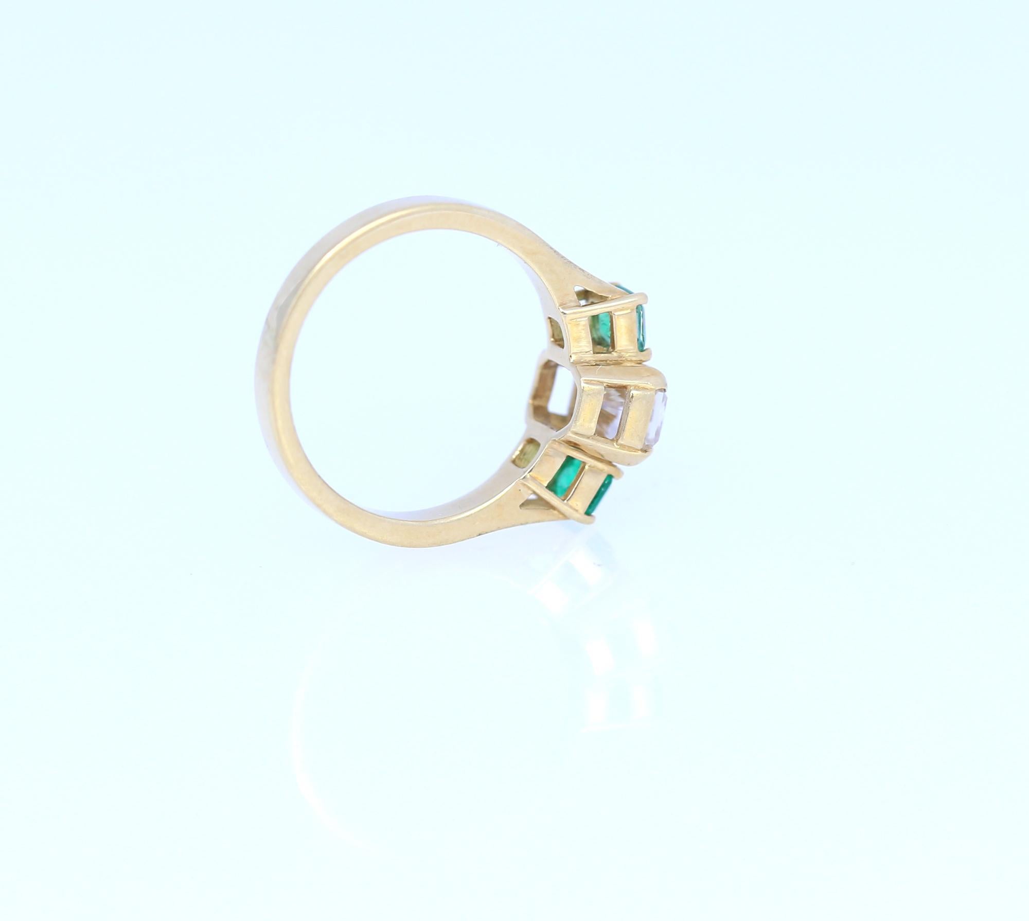 Emerald Cut Diamond 1.56 Carat Two Emeralds 18 Karat Yellow Gold Engagement Ring Certified