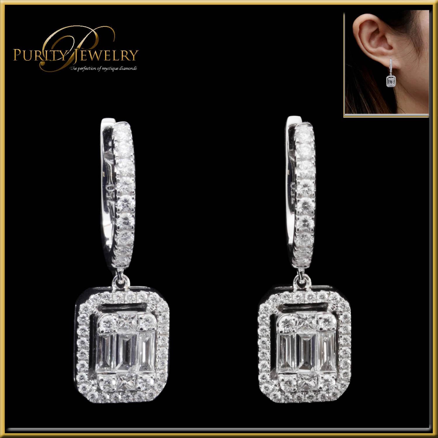 Diamond Fashion Earring, using baguettes shaped diamonds to create this unique fashion earring. 
The baguette illusions create a large 1.5ct emerald cut look.
The piece is crafted in - house by our master craftsmen in Thailand. 
This earring is