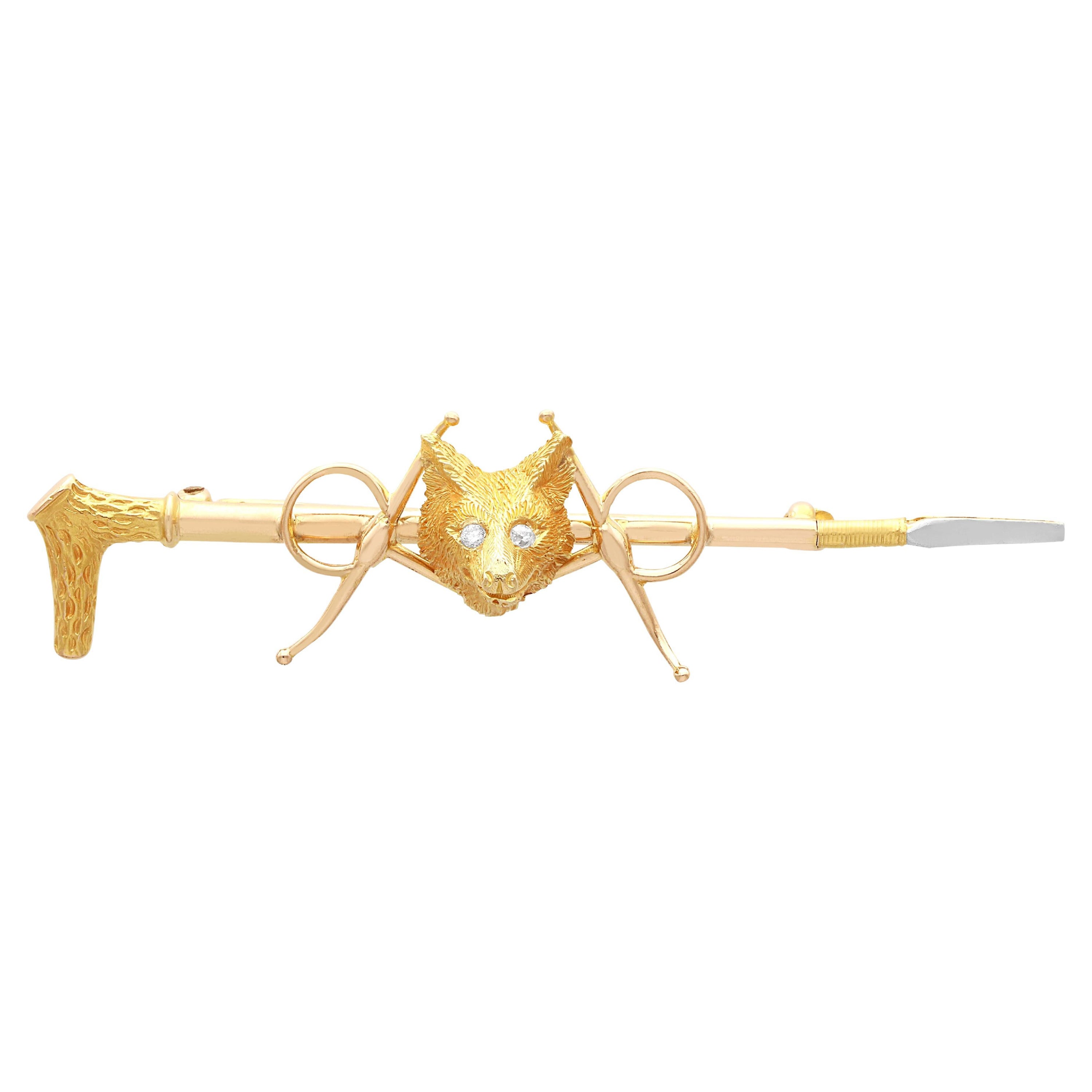 Diamond 15k Yellow and White Gold Fox Hunting Brooch For Sale