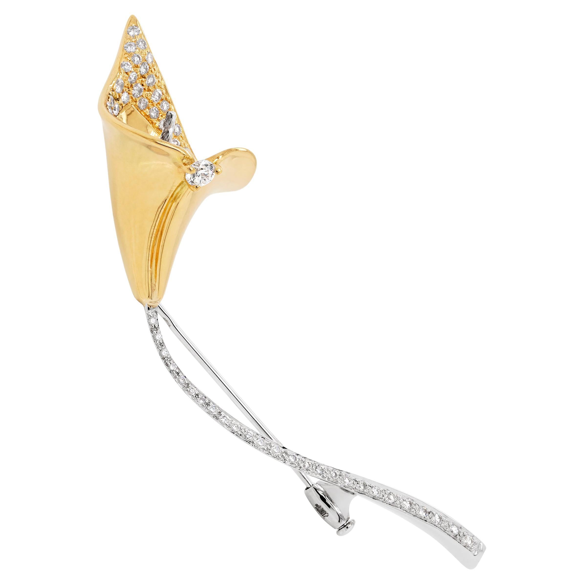 Diamond 18 Carat White and Yellow Gold Calla Lily Brooch For Sale