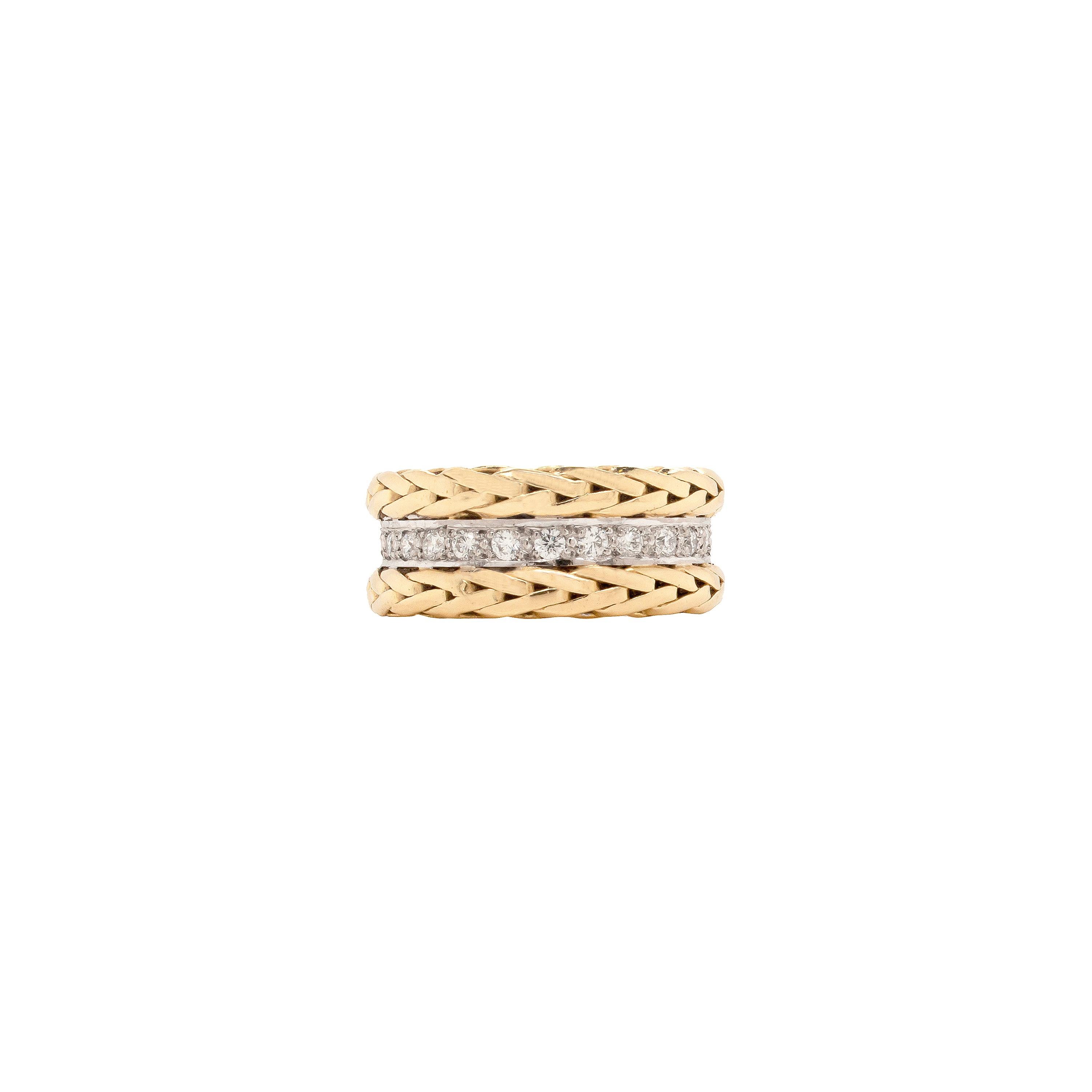 Classic with a twist, this fancy wide band ring is sure to make a lasting impression whenever it’s worn.

The ring is embellished by a row of 24 fine quality round brilliant cut diamonds, weighing approximately 1.00 combined, grain set in the centre