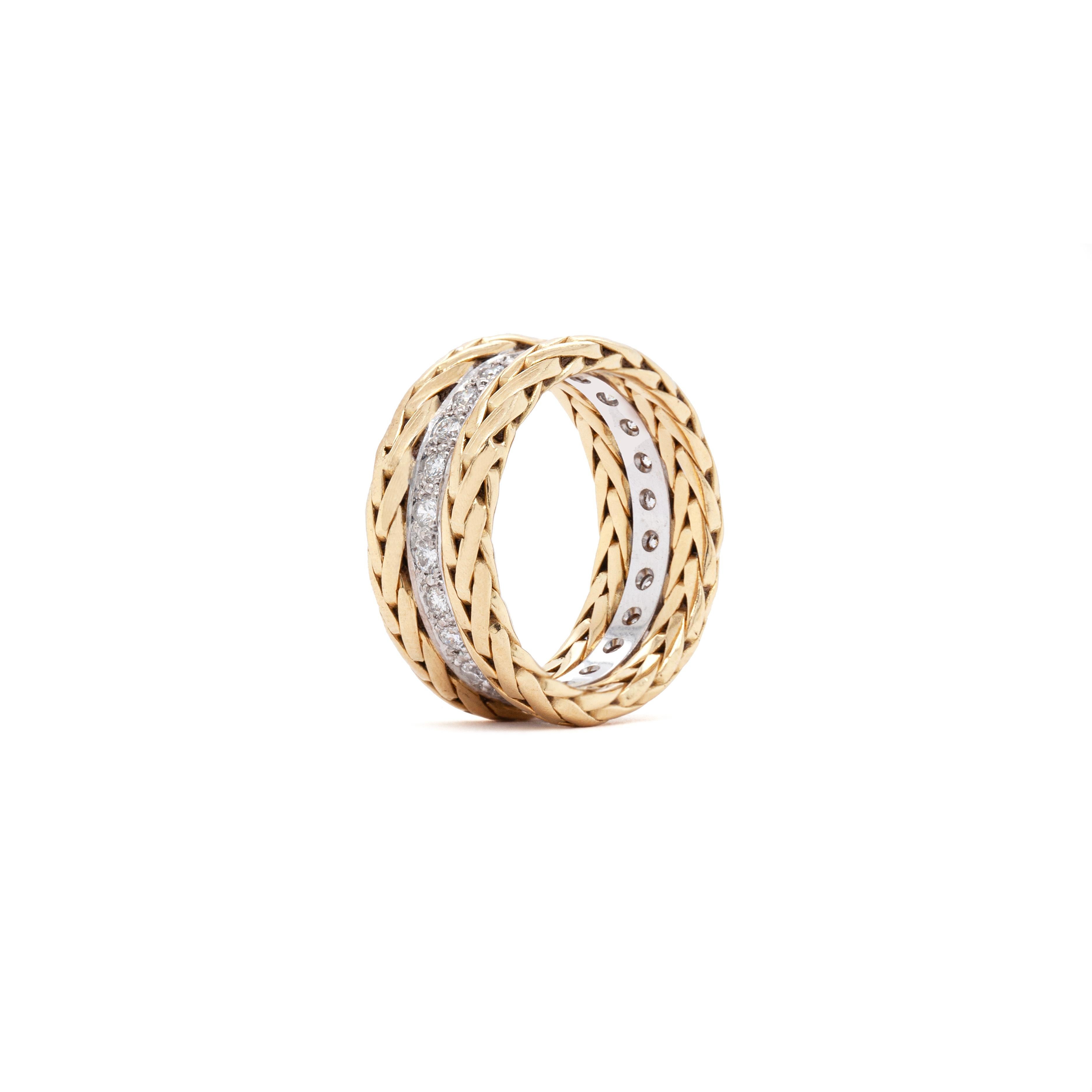 Brilliant Cut Diamond 18 Carat White and Yellow Gold Fancy Braided Wide Band Ring For Sale