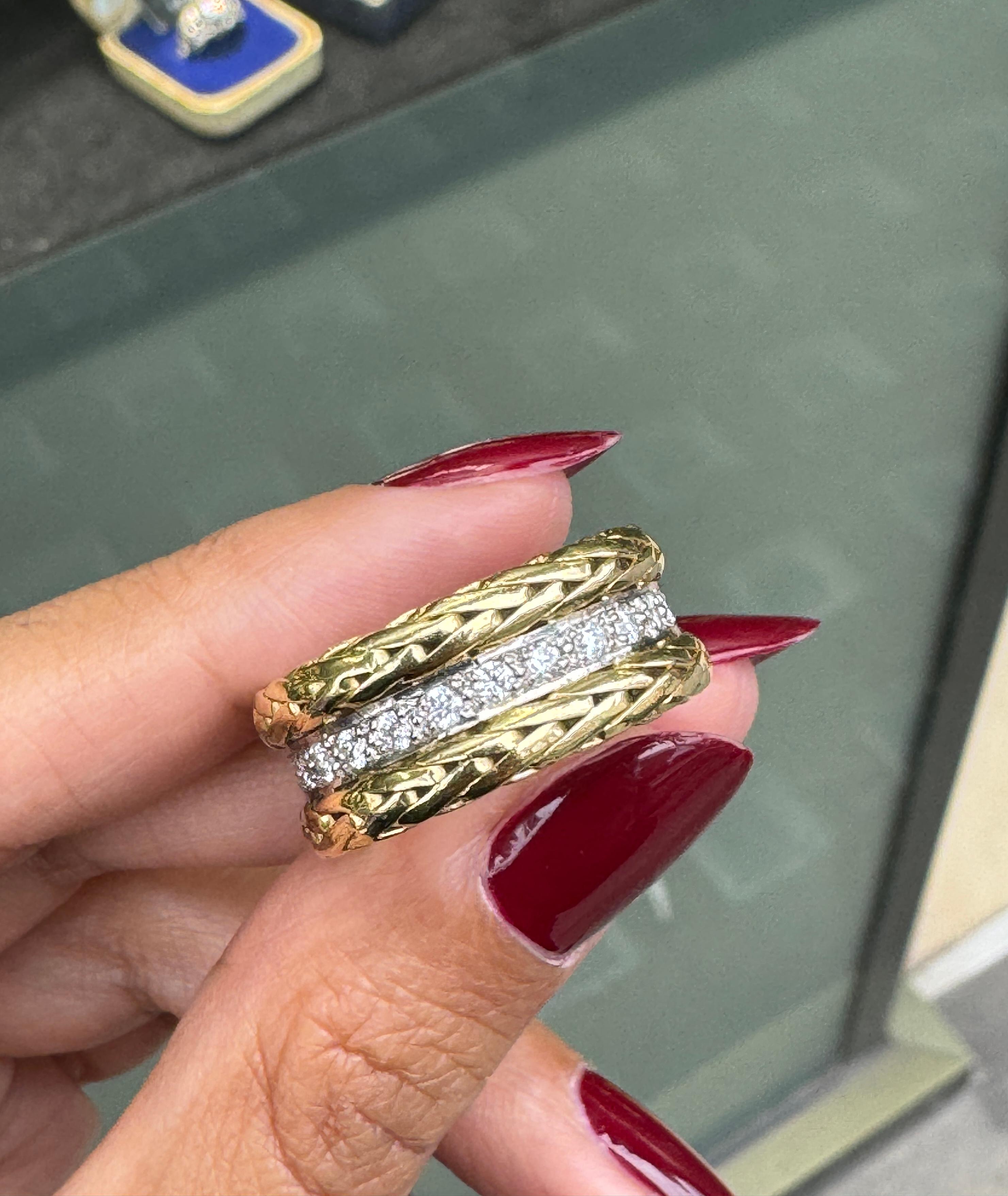 Diamond 18 Carat White and Yellow Gold Fancy Braided Wide Band Ring In Good Condition For Sale In London, GB