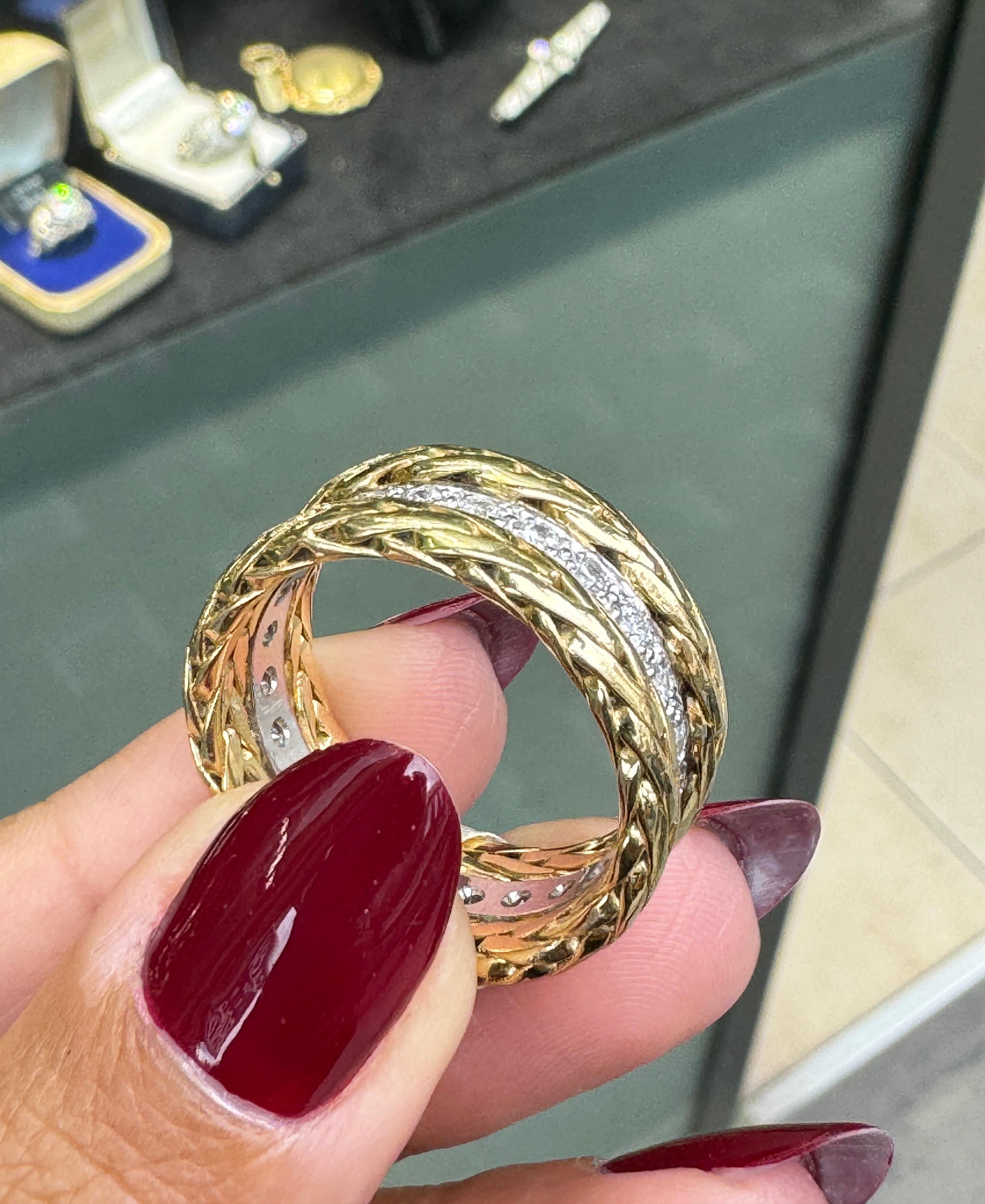 Women's or Men's Diamond 18 Carat White and Yellow Gold Fancy Braided Wide Band Ring For Sale