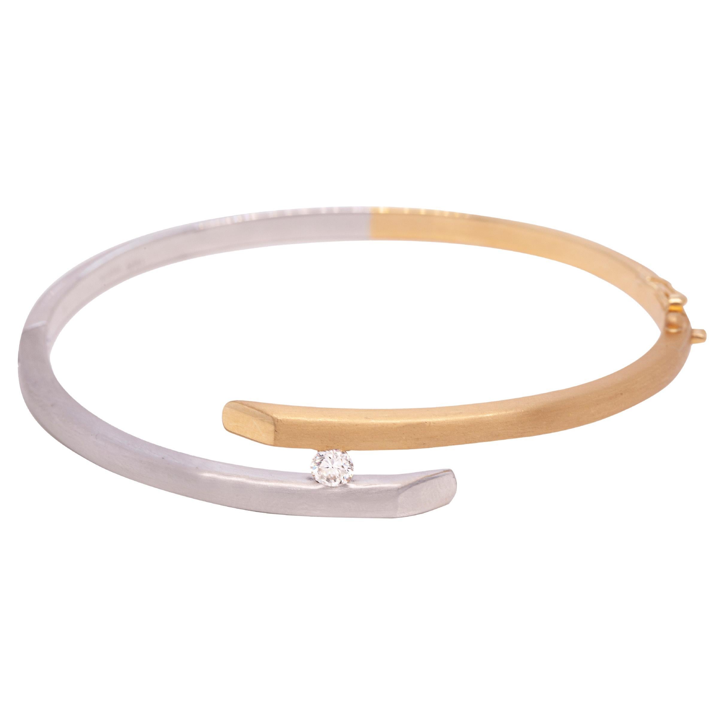 Diamond 18 Carat White and Yellow Gold Two Tone Crossover Bangle For Sale