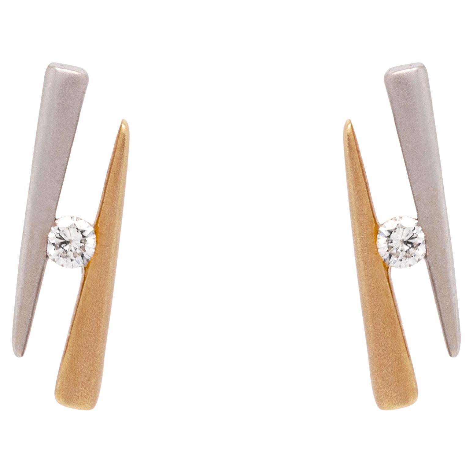 Diamond 18 Carat White and Yellow Gold Two Tone Spike Latch-Back Earrings For Sale