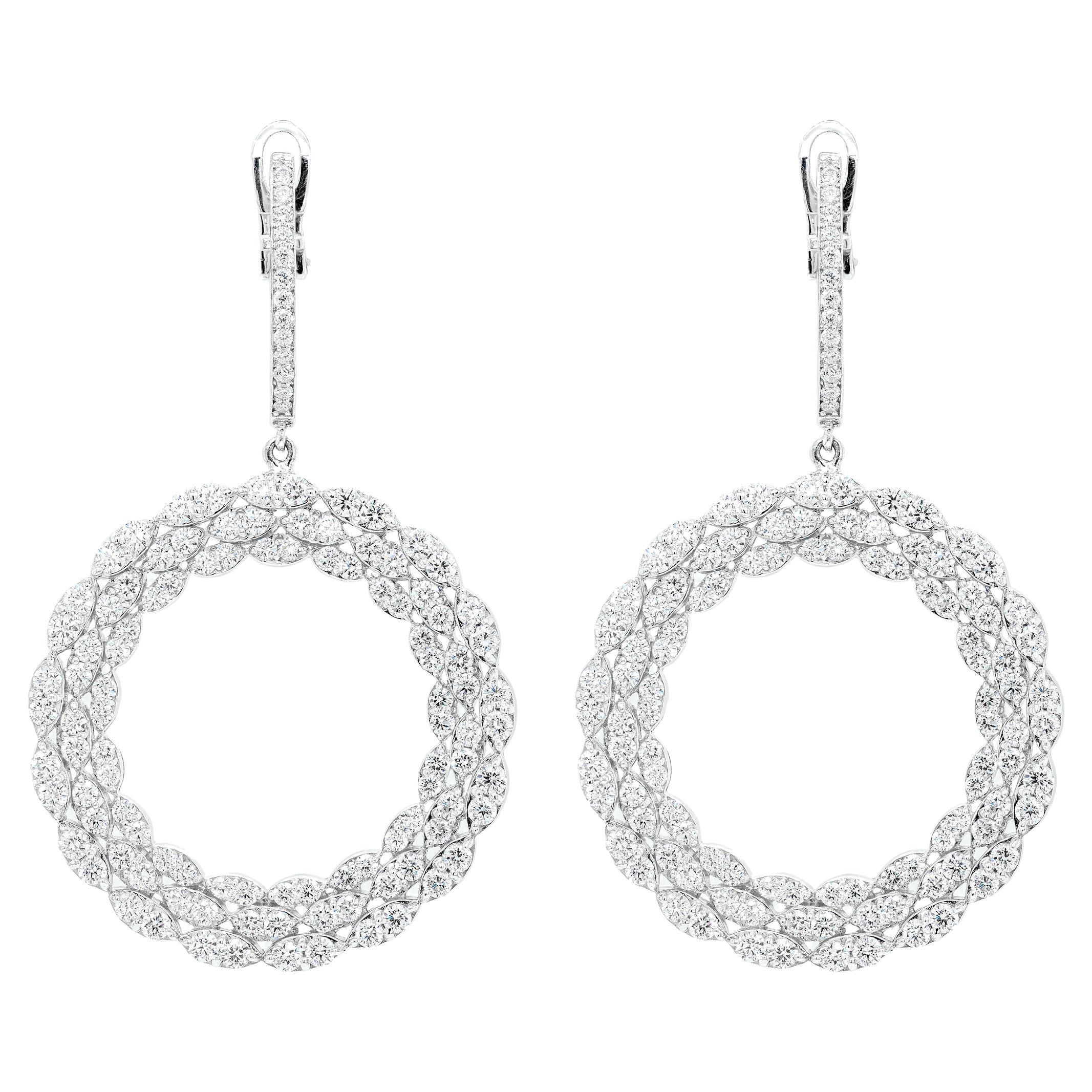 Diamond 18 Carat White Gold Circle Dangle Hoop Earrings For Sale