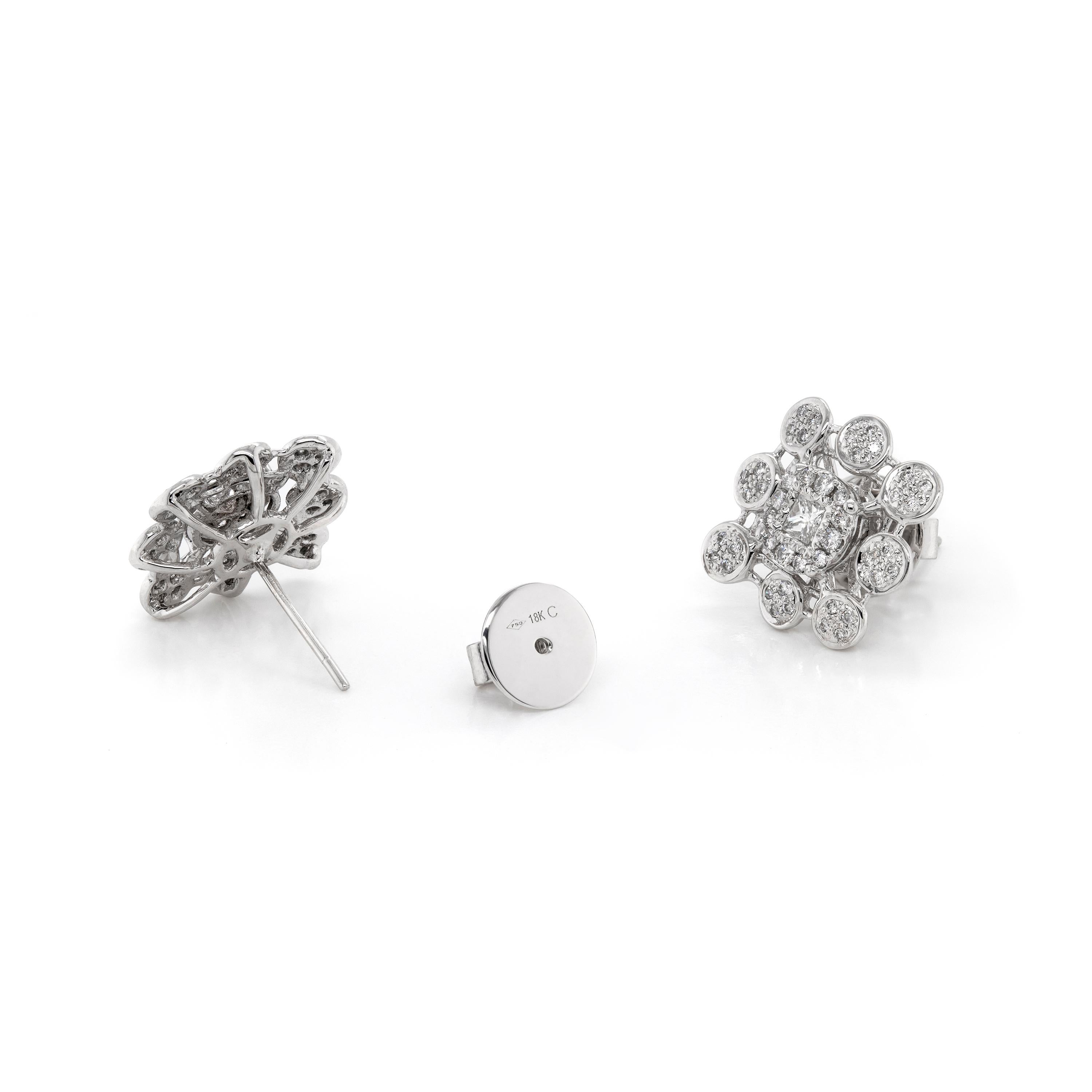 Modern Diamond 18 Carat White Gold Cluster Stud Earrings For Sale