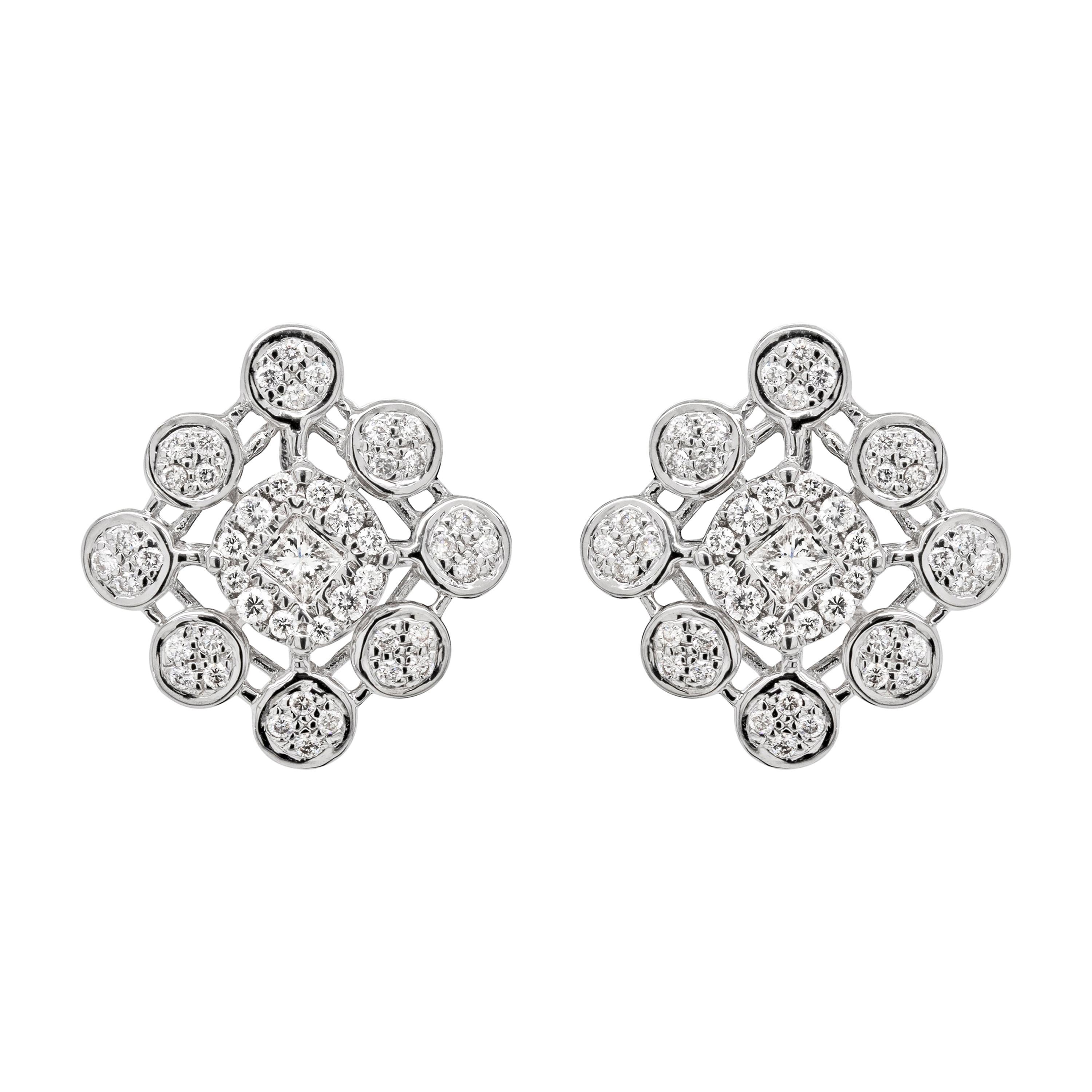 Diamond 18 Carat White Gold Cluster Stud Earrings For Sale
