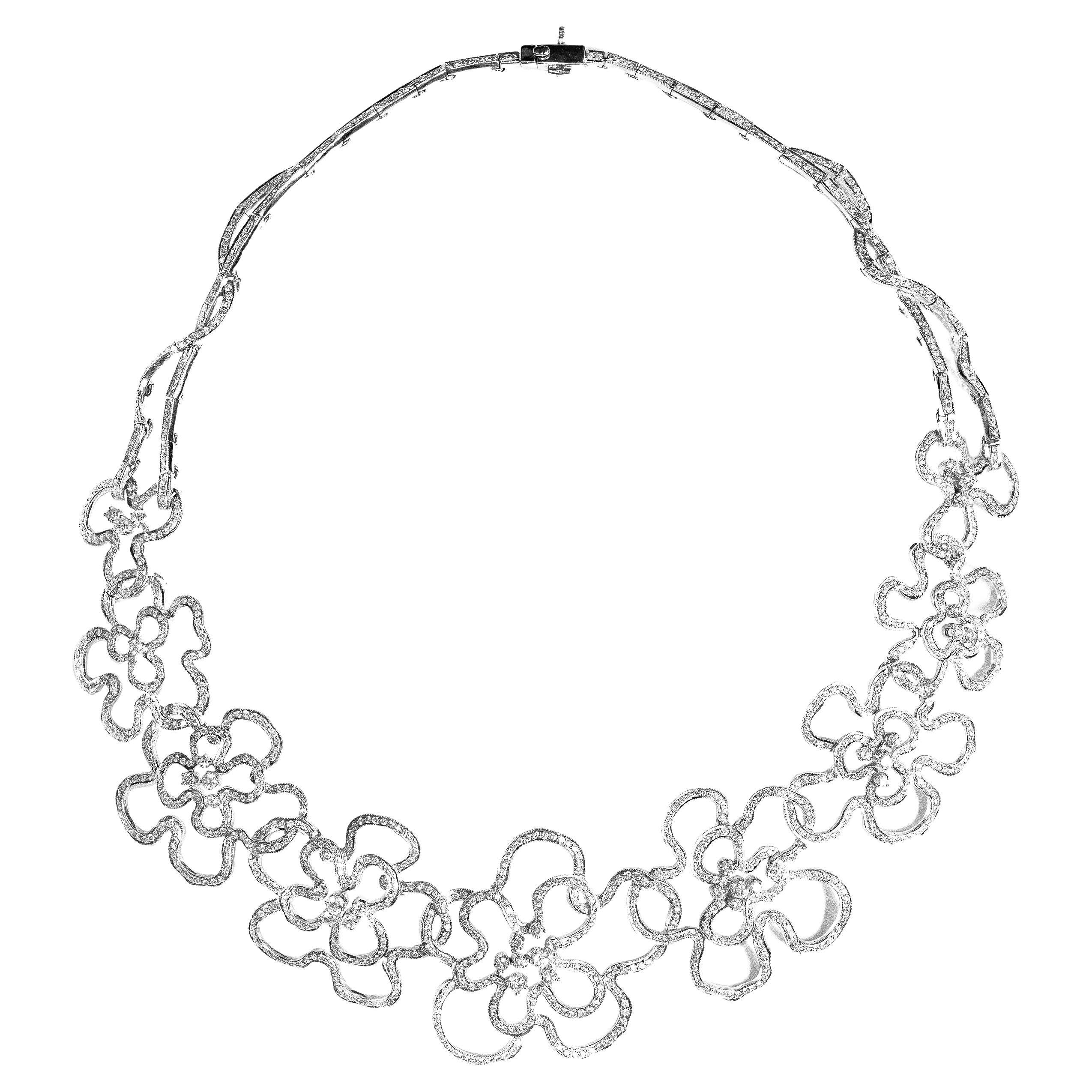 Diamond 18 Carat White Gold Floral Open Work Statement Necklace For Sale
