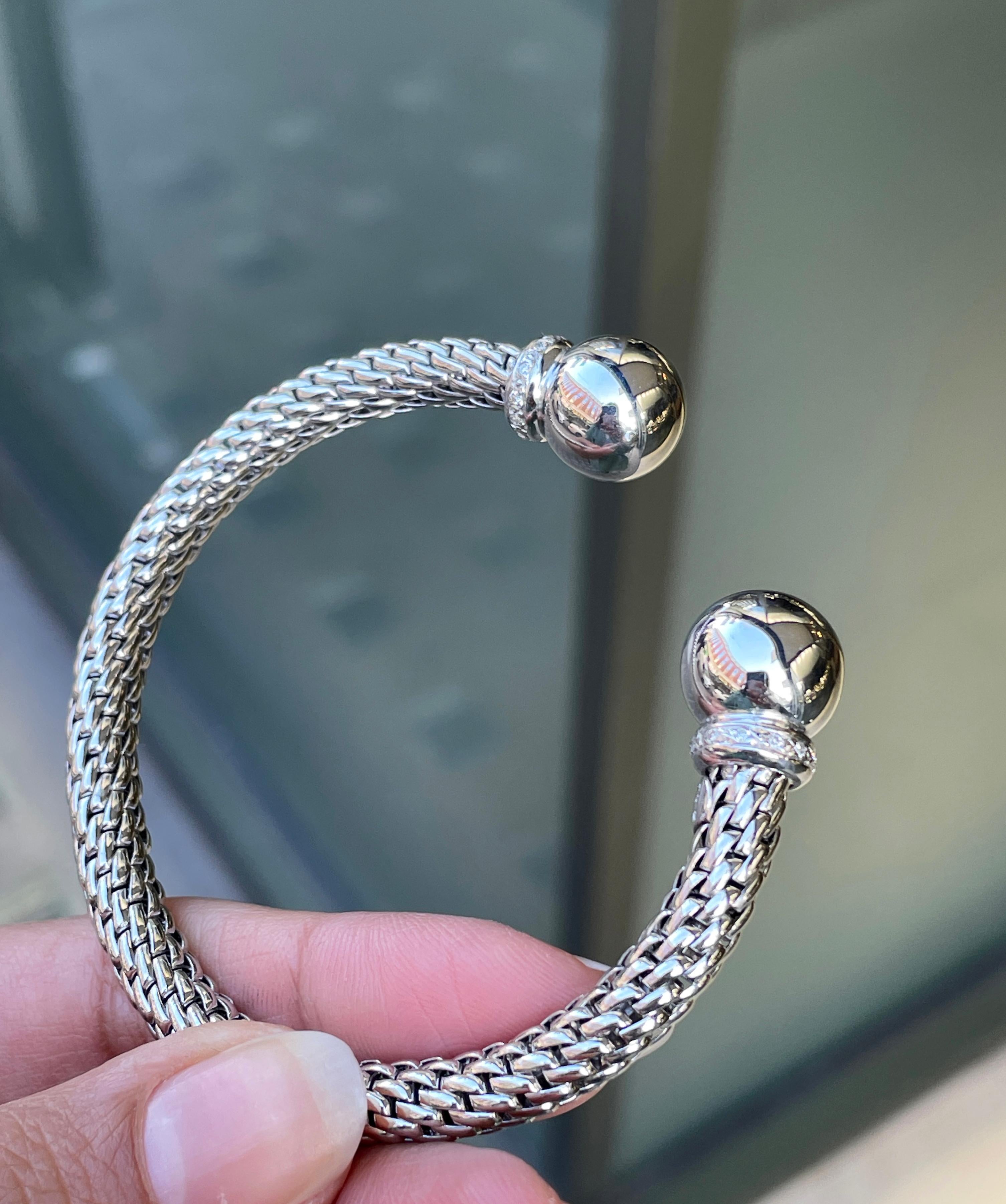 Women's or Men's Diamond 18 Carat White Gold FOPE Woven Slip-on Cuff Bracelet For Sale