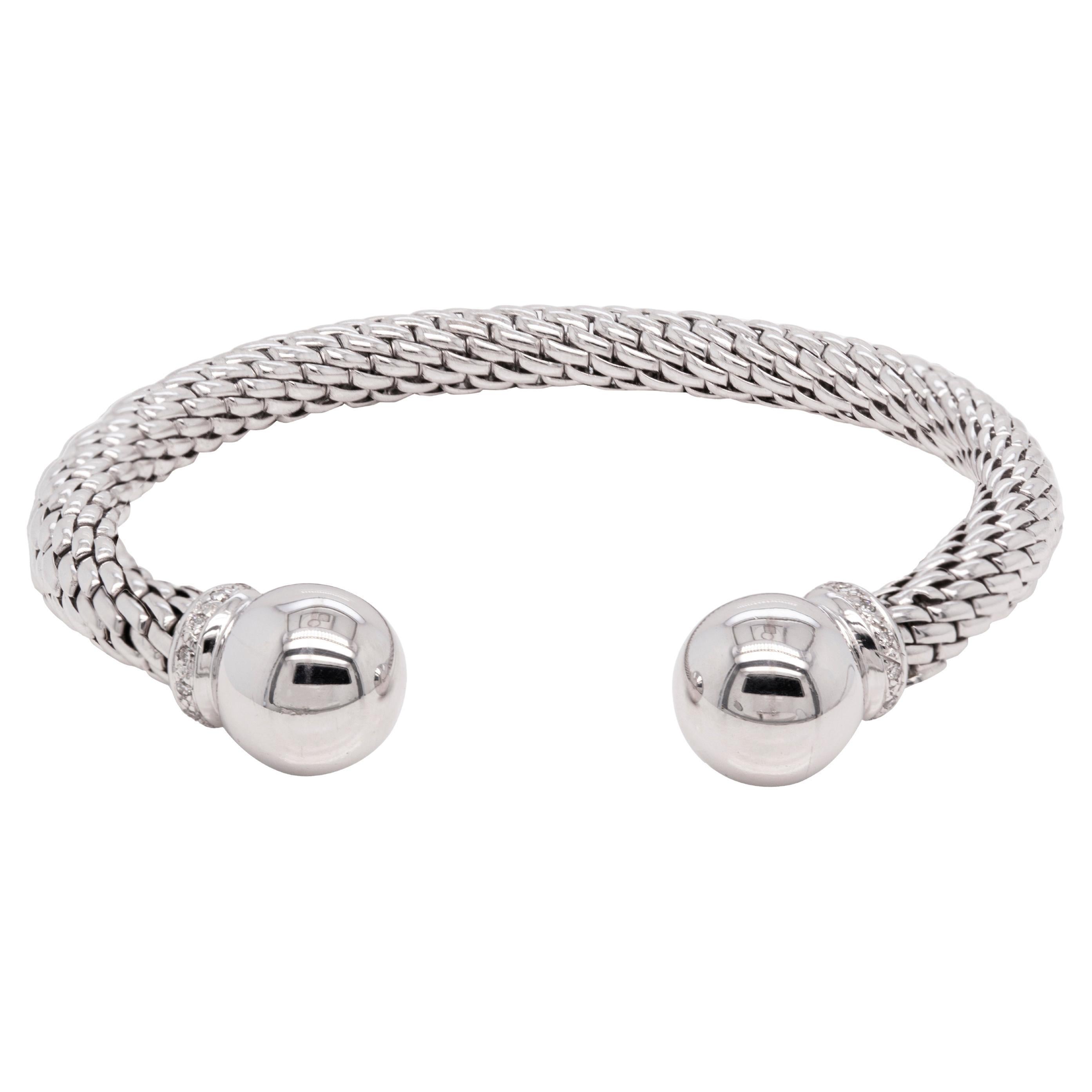 Diamond 18 Carat White Gold FOPE Woven Slip-on Cuff Bracelet For Sale