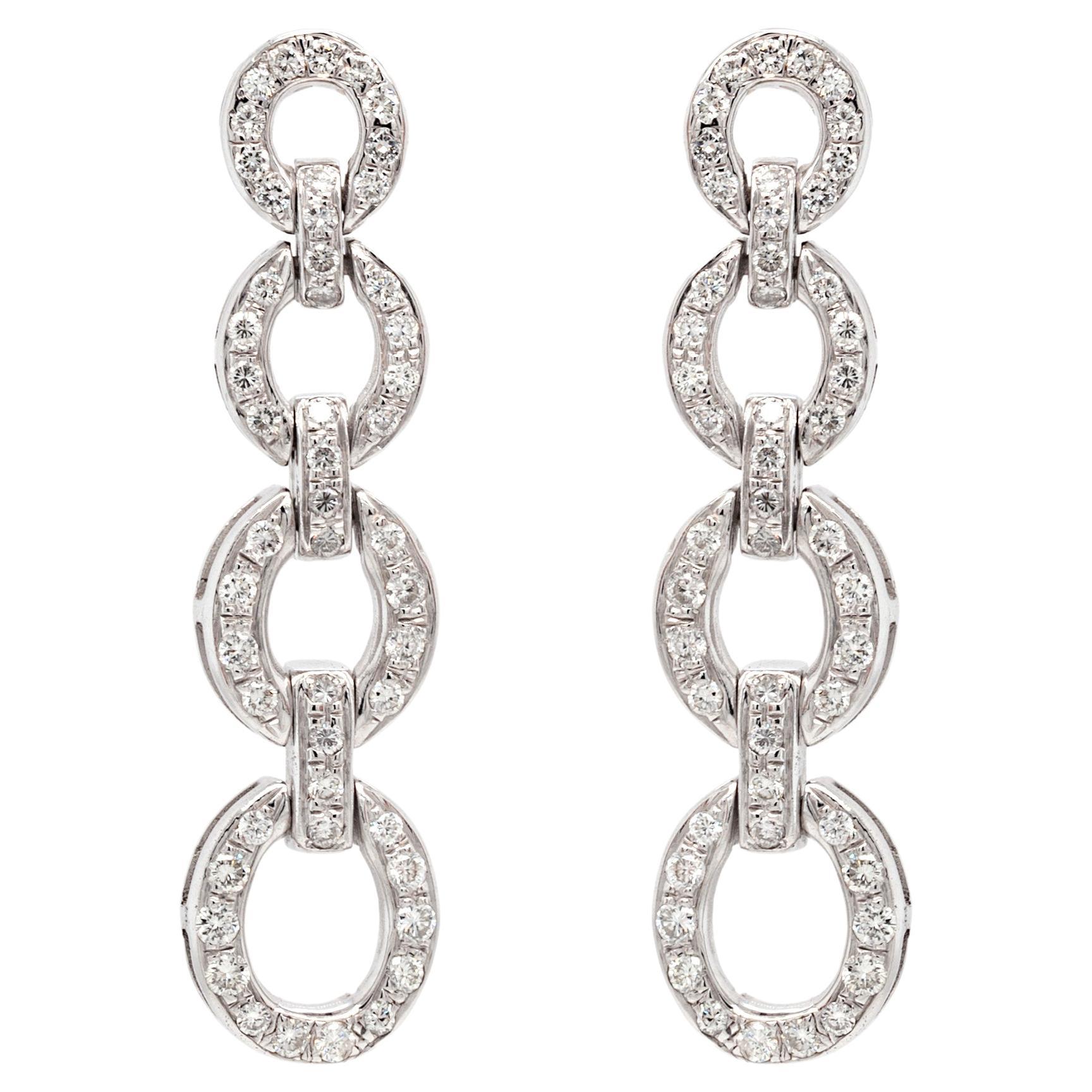 Diamond 18 Carat White Gold Graduating Circular Link Dangle Earrings For Sale