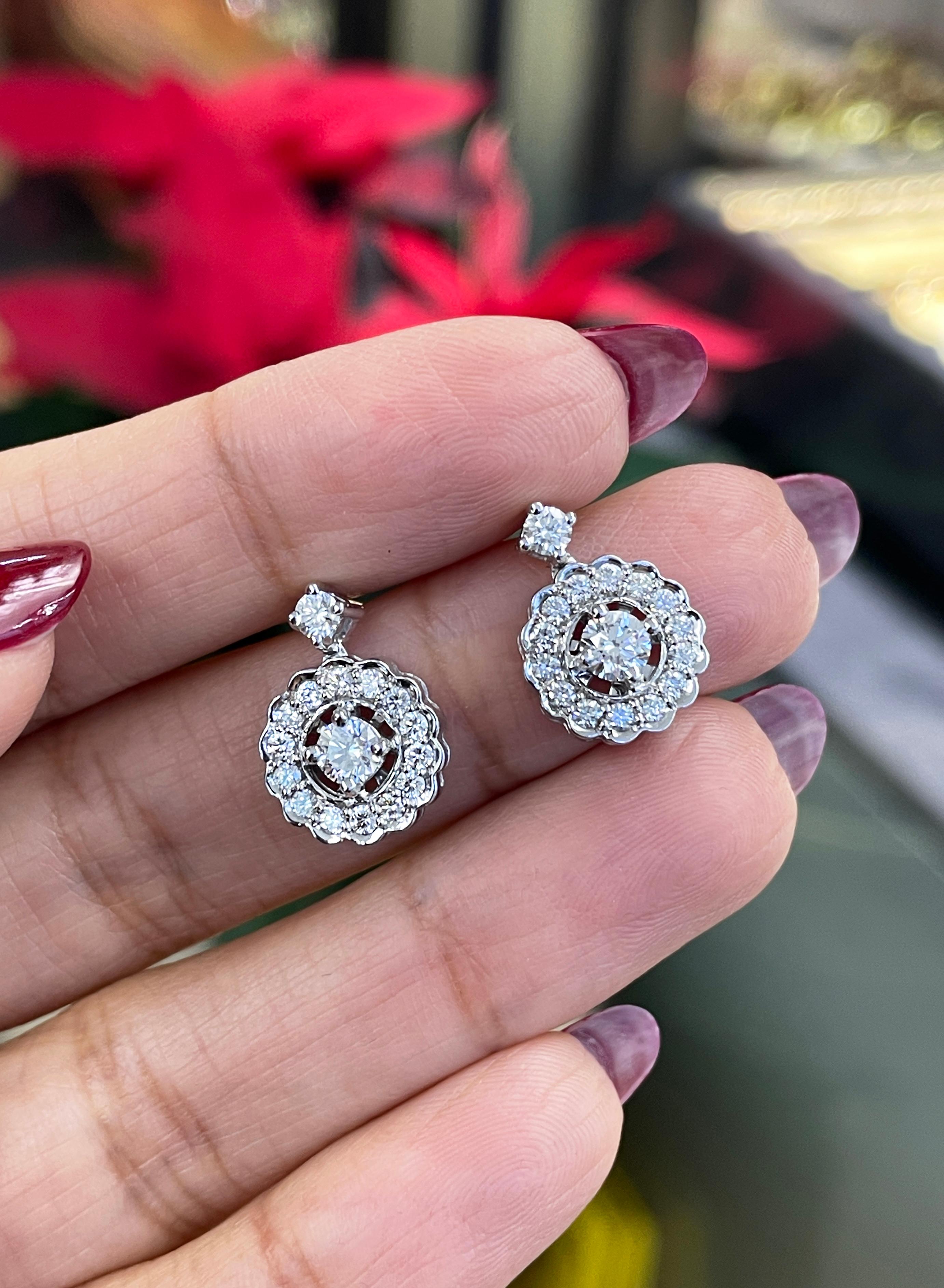 Romantic Diamond 18 Carat White Gold Halo Drop Earrings For Sale