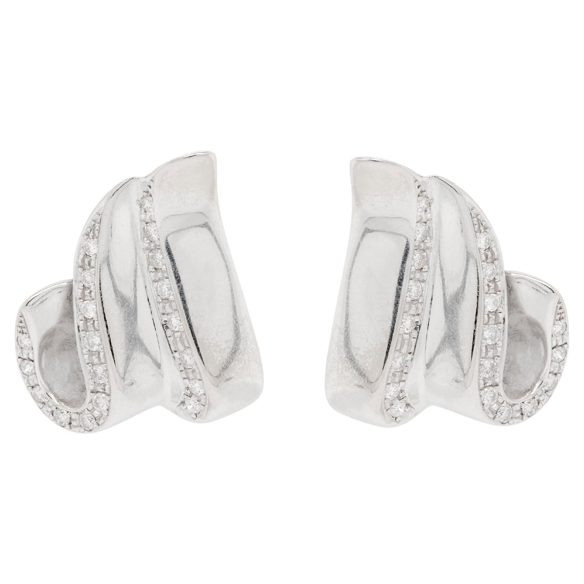 Diamond 18 Carat White Gold Ribbon Lever-Back Earrings For Sale