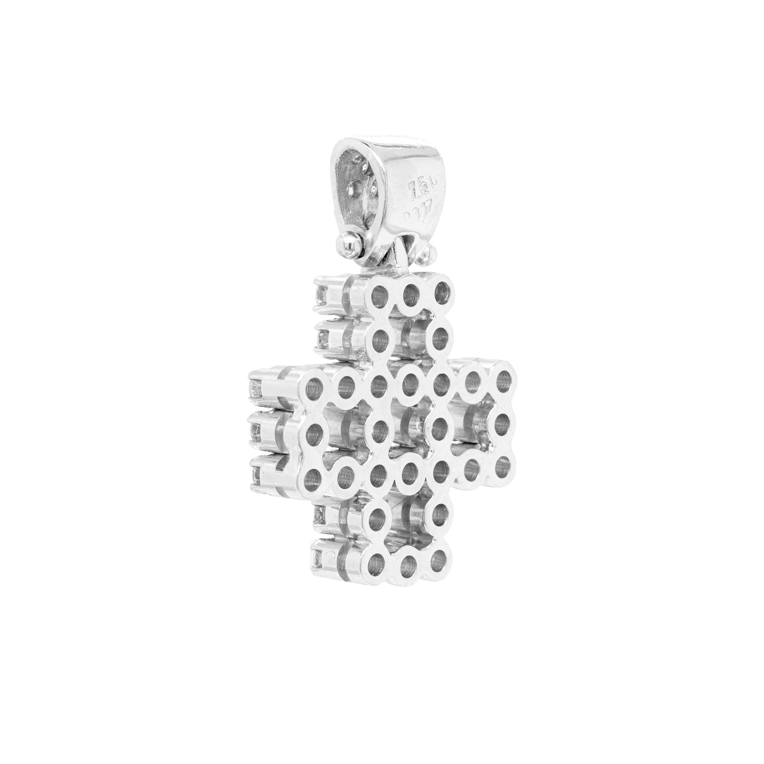 This wonderful square cross pendant features a marvellous open work design beautifully decorated with 28 fine quality round brilliant cut diamonds, all claw set in 18 carat white gold open back settings. A hinged wide bale, also decorated with round