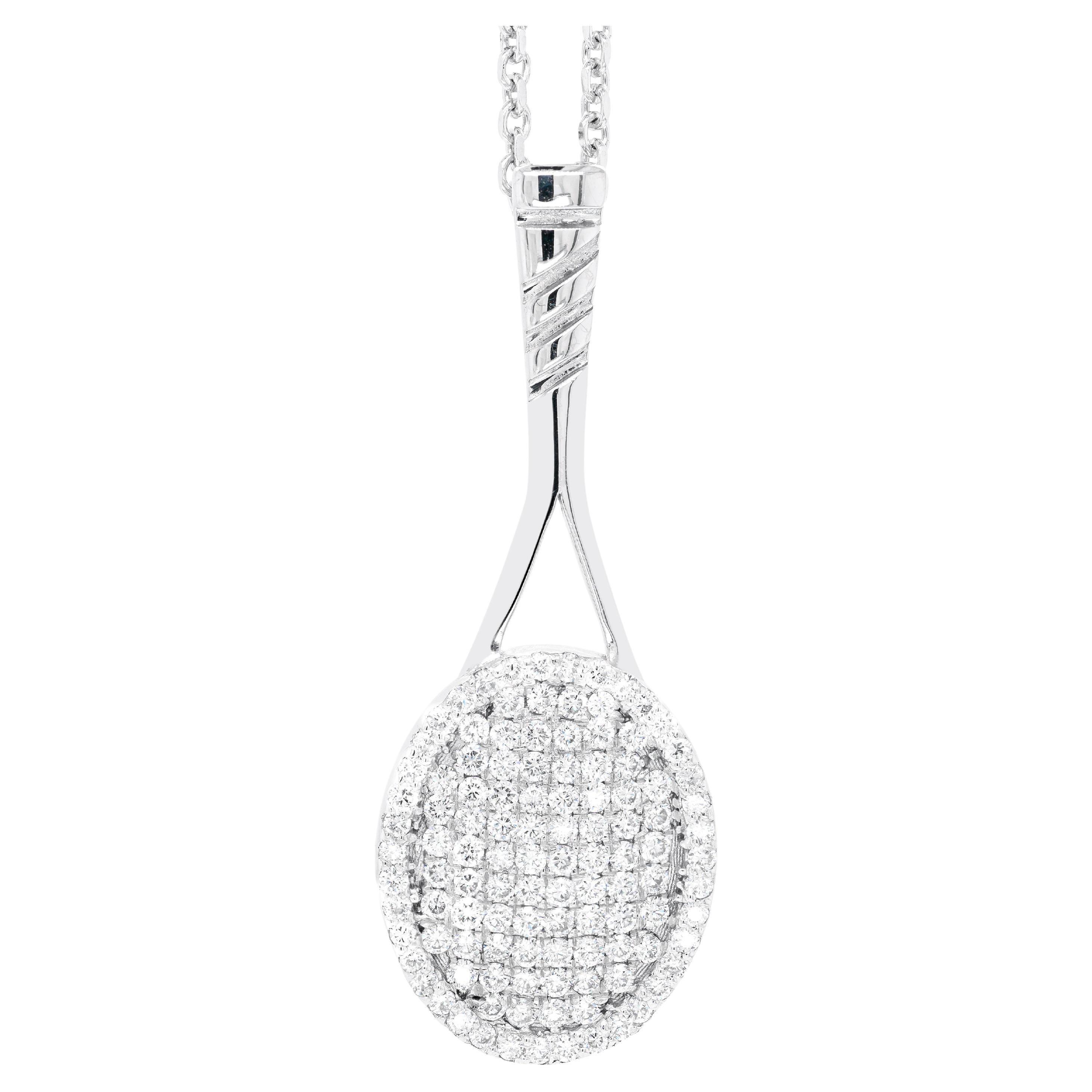 Pendentif raquette de tennis et chaîne en or blanc 18 carats avec diamants
