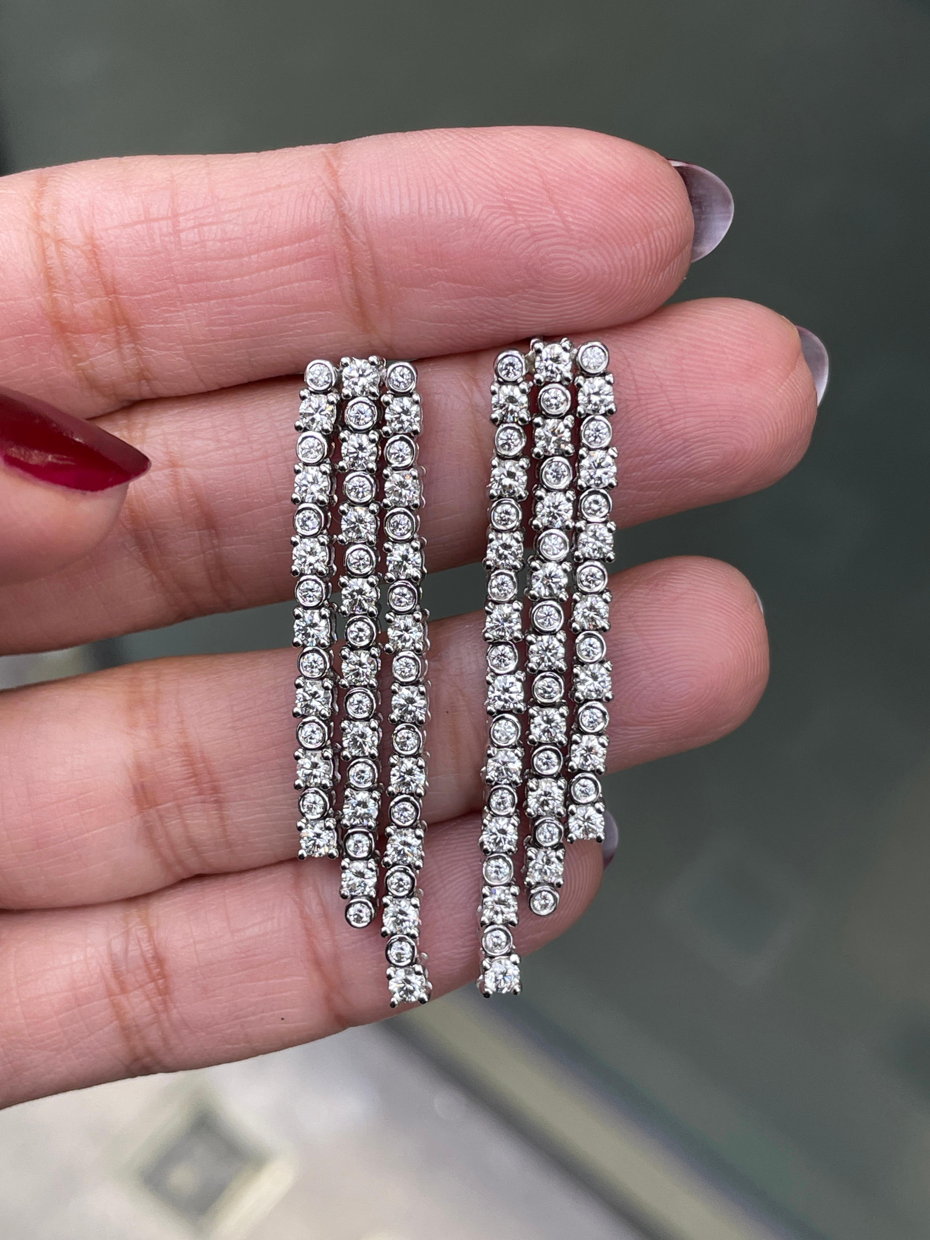 Modern Diamond 18 Carat White Gold Three-Row Fringe Drop Earrings For Sale