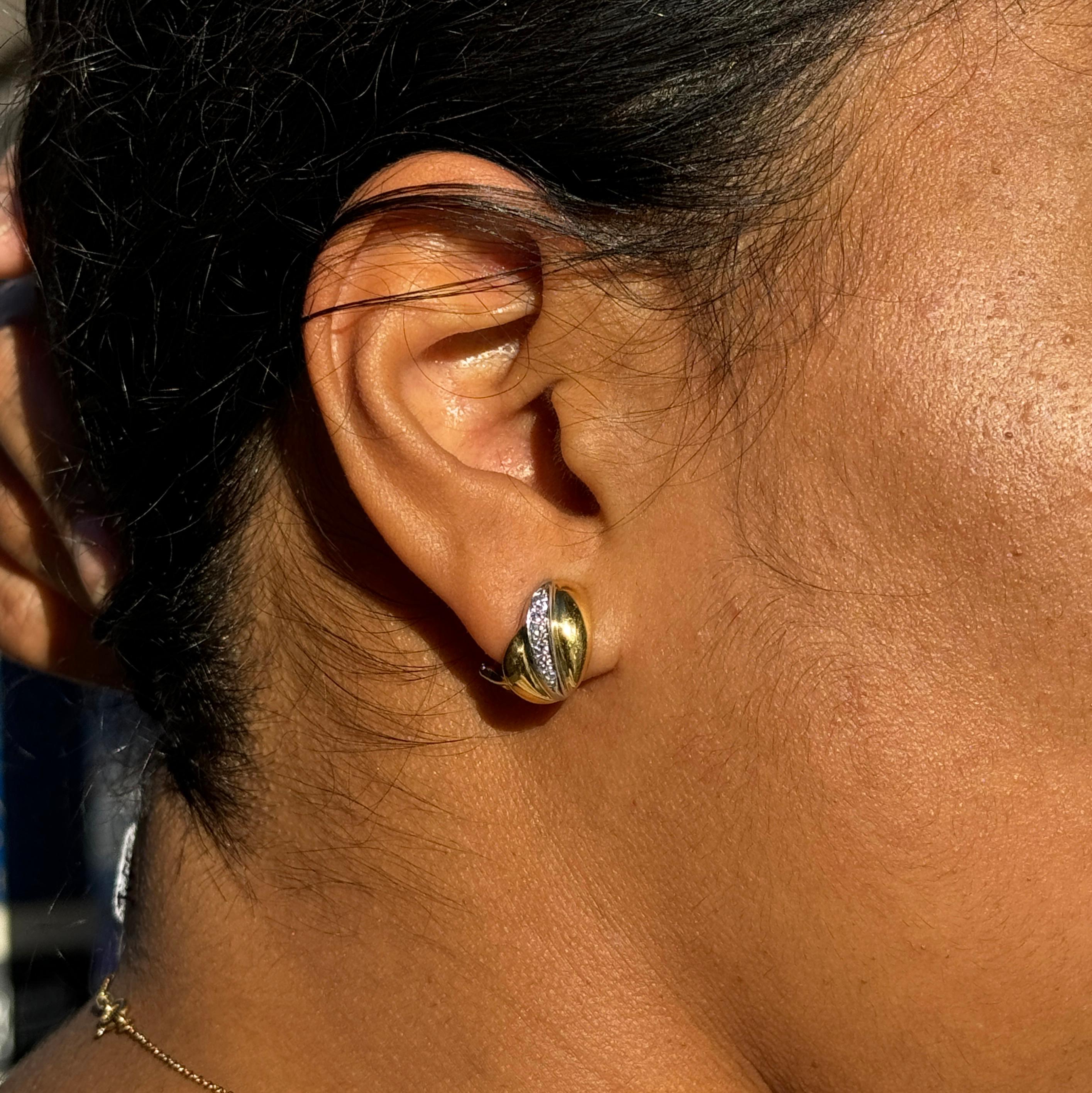 Modern Diamond 18 Carat Yellow and White Gold Huggie Half-Hoop Earrings For Sale