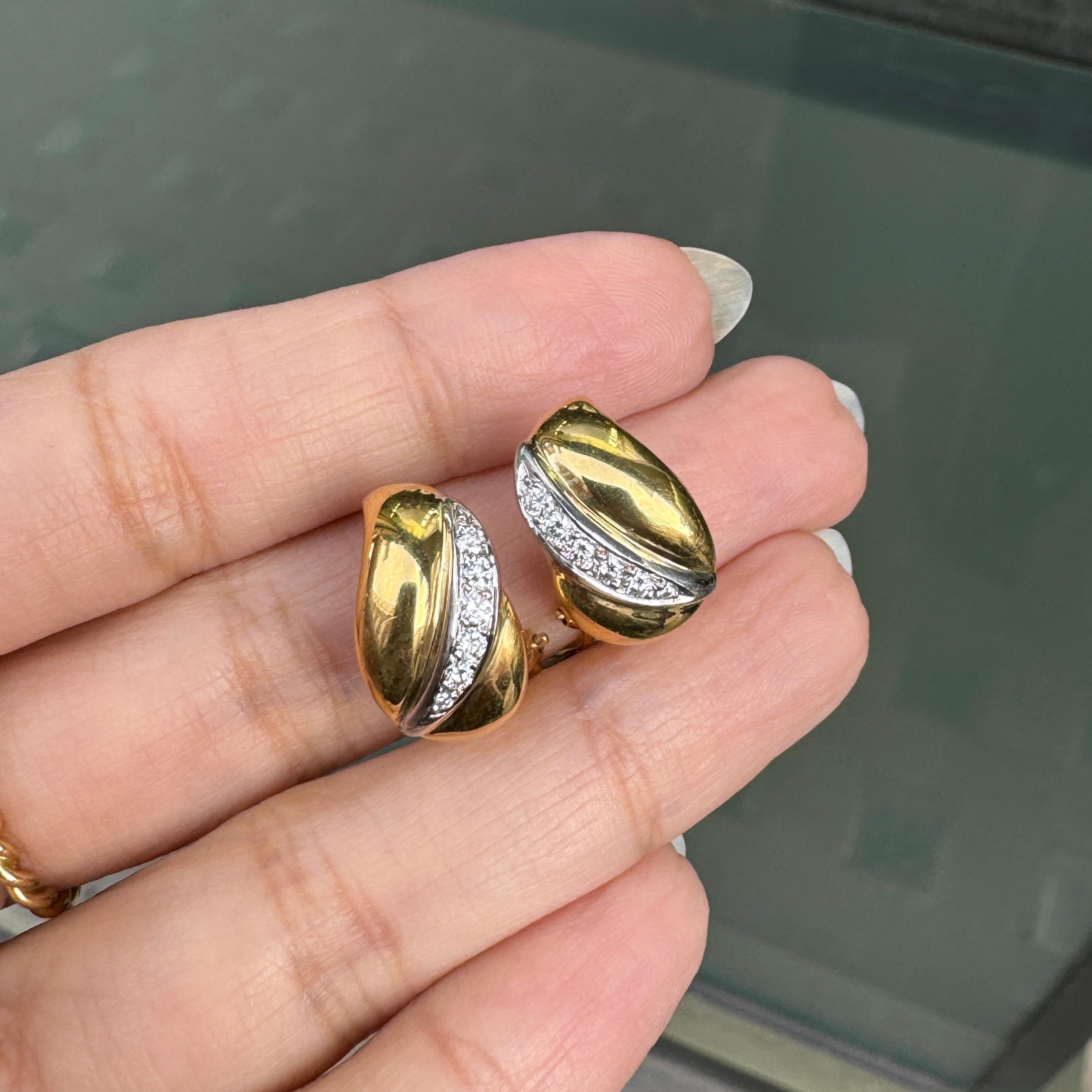Brilliant Cut Diamond 18 Carat Yellow and White Gold Huggie Half-Hoop Earrings For Sale