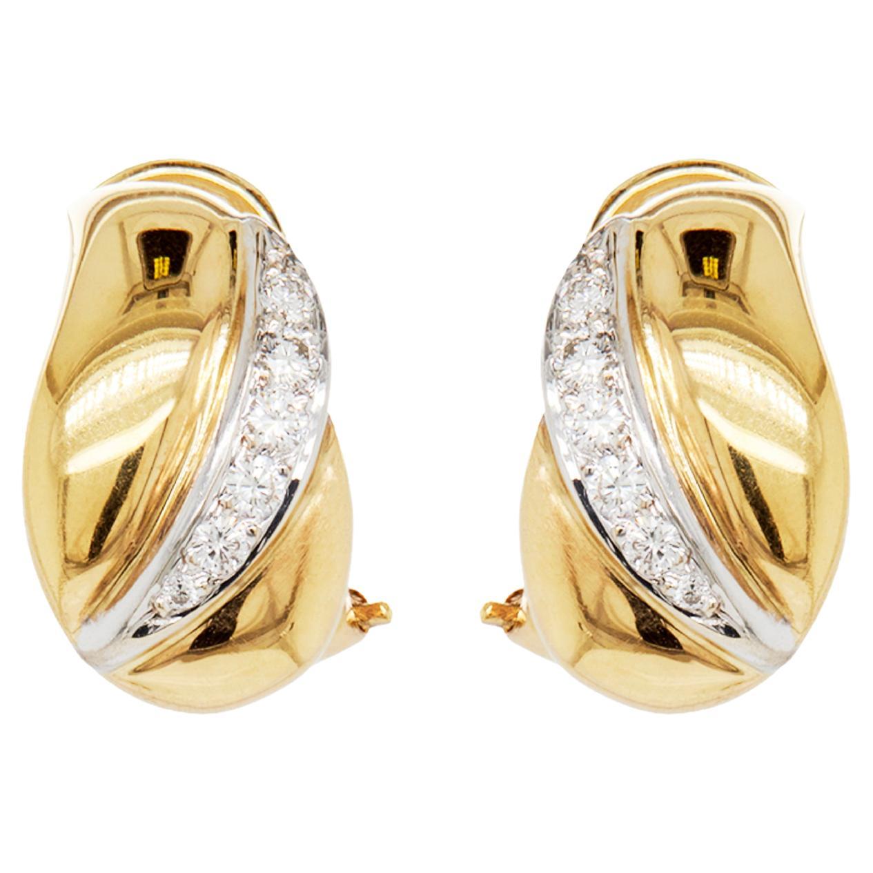 Diamond 18 Carat Yellow and White Gold Huggie Half-Hoop Earrings