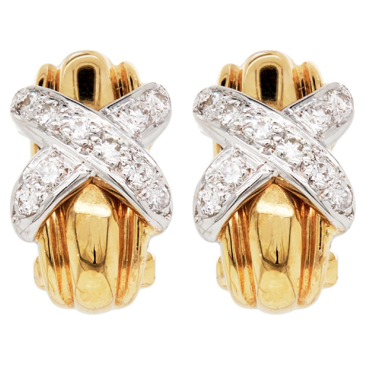 Diamond 18 Carat Yellow and White Gold 'Kiss' Huggie Half-Hoop Earrings