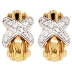 Diamond 18 Carat Yellow and White Gold 'Kiss' Huggie Half-Hoop Earrings