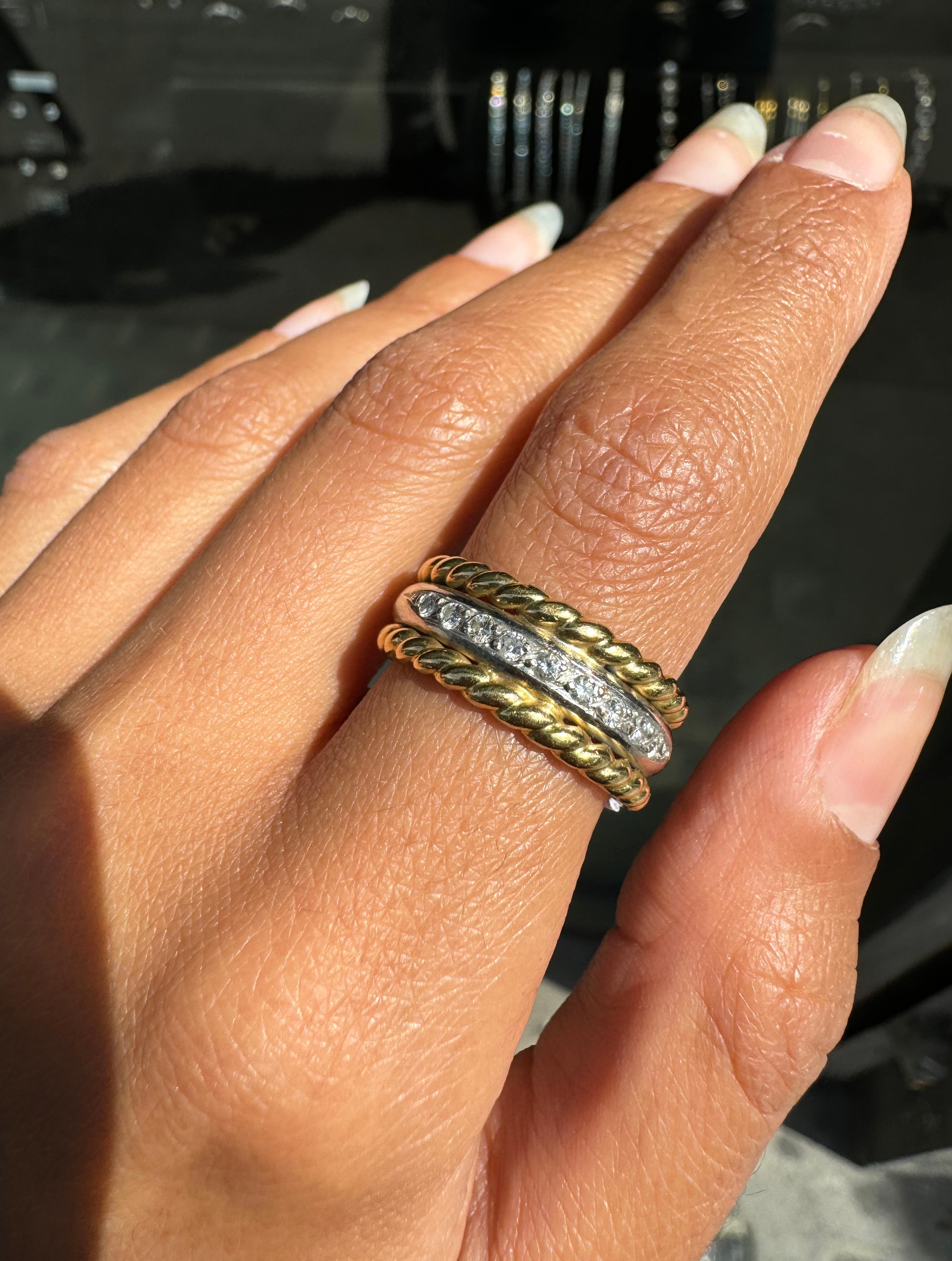 Diamond 18 Carat Yellow and White Gold Rope Wide Band Ring In Good Condition For Sale In London, GB