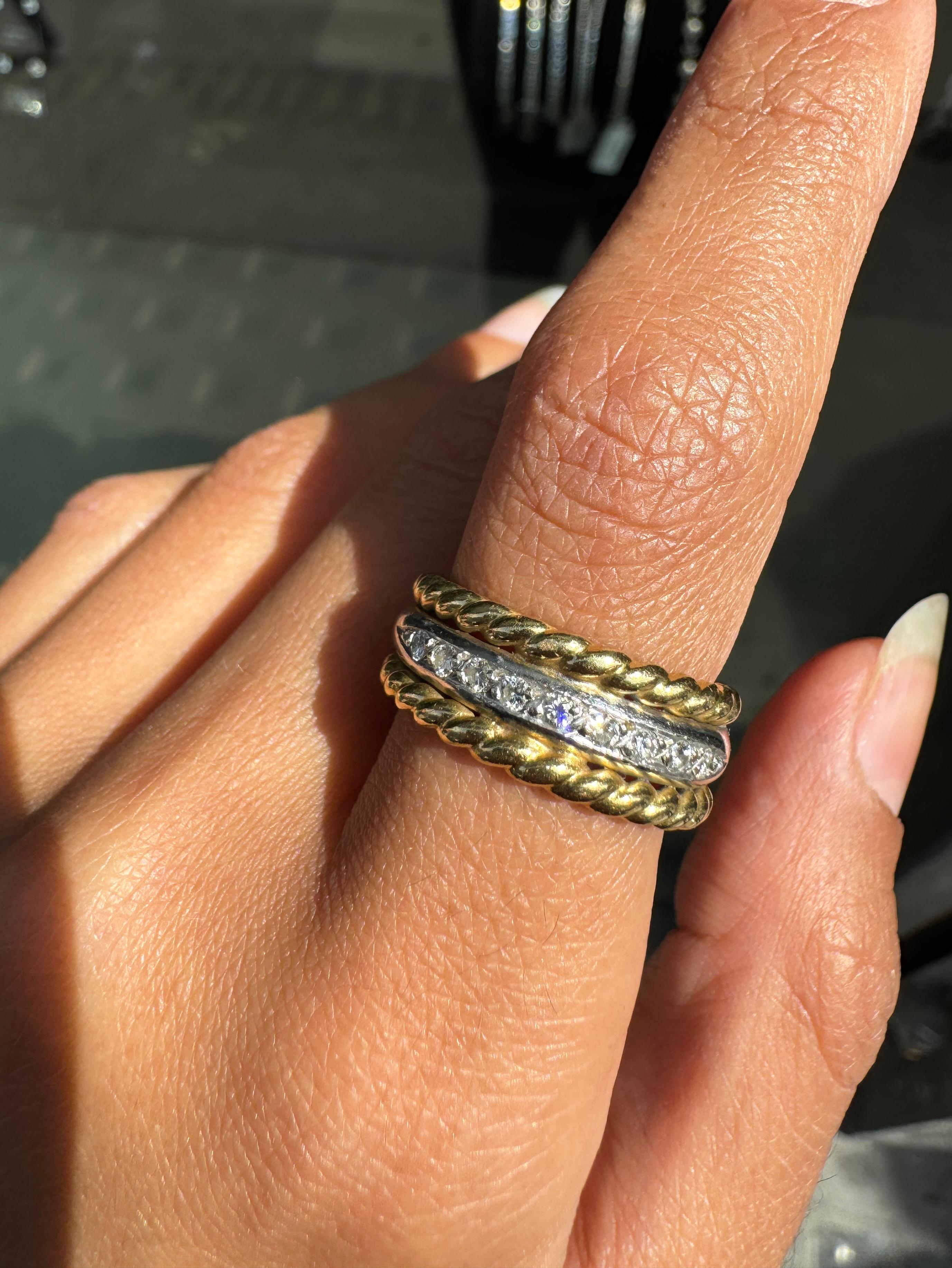Women's or Men's Diamond 18 Carat Yellow and White Gold Rope Wide Band Ring For Sale